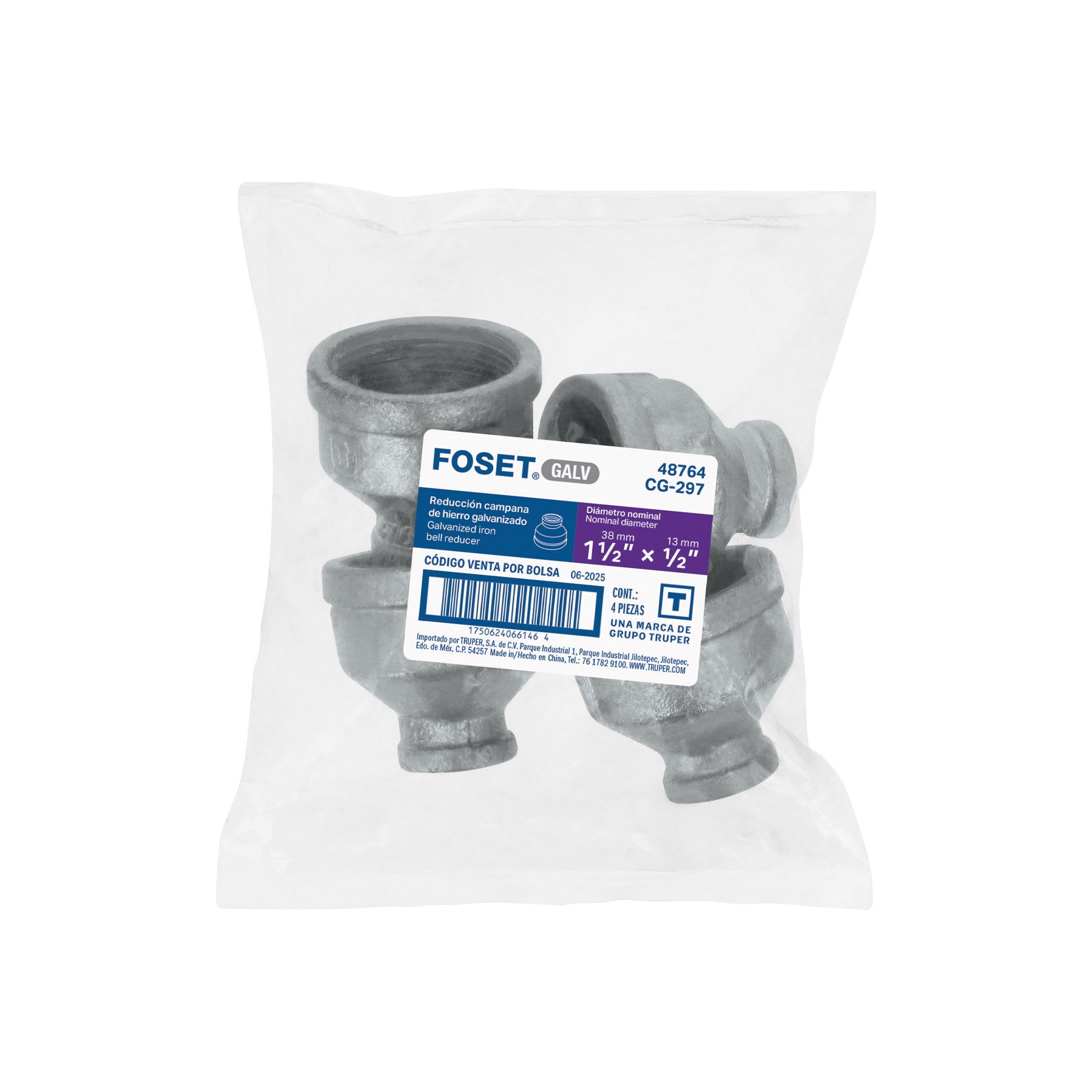 Reducción campana acero galvanizado 1-1/2" x 1/2", FOSET