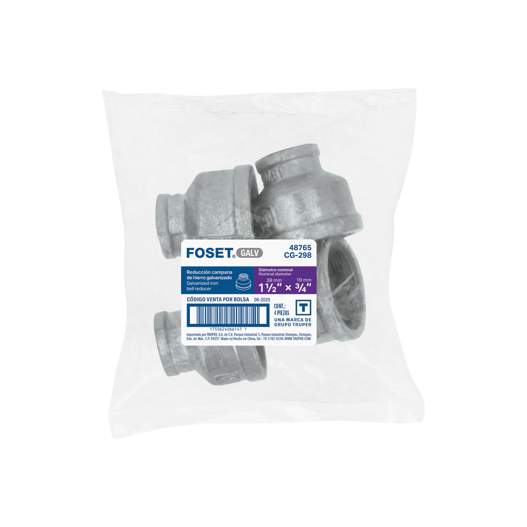 Reducción campana acero galvanizado 1-1/2" x 3/4", FOSET