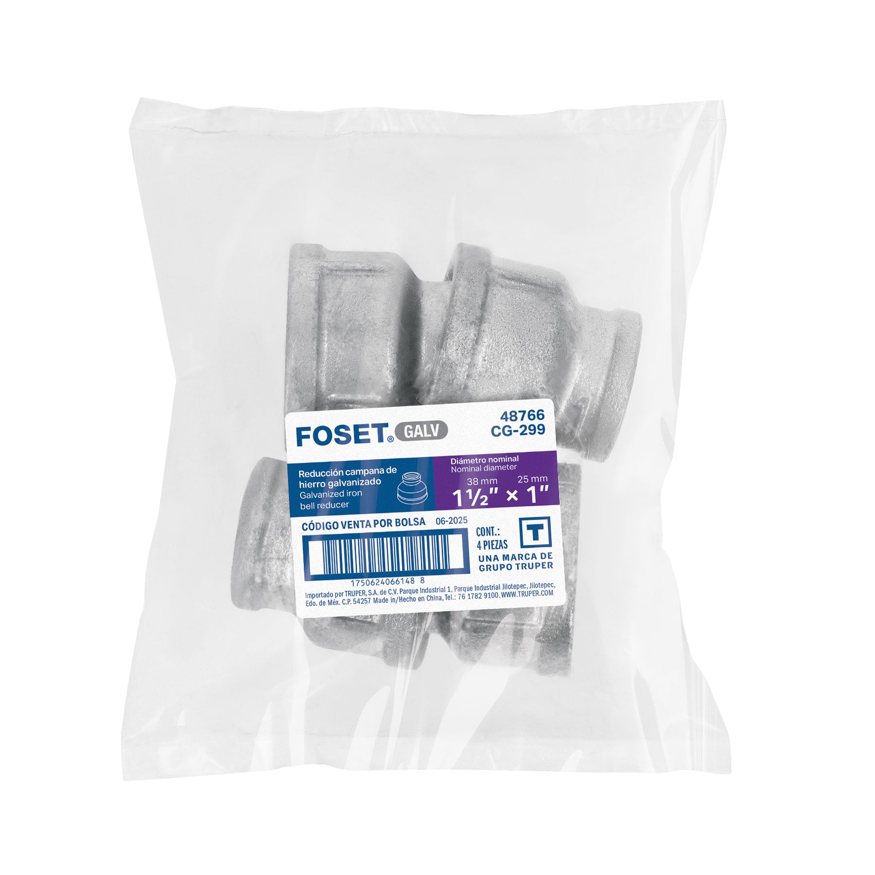 Reducción campana acero galvanizado 1-1/2" x 1", FOSET