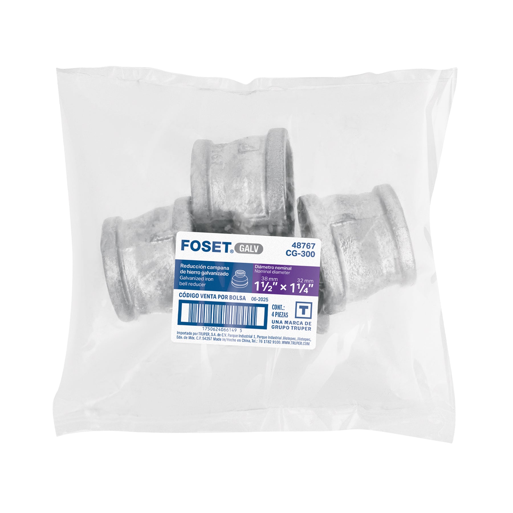 Reducción campana acero galvanizado 1-1/2"x1-1/4", FOSET