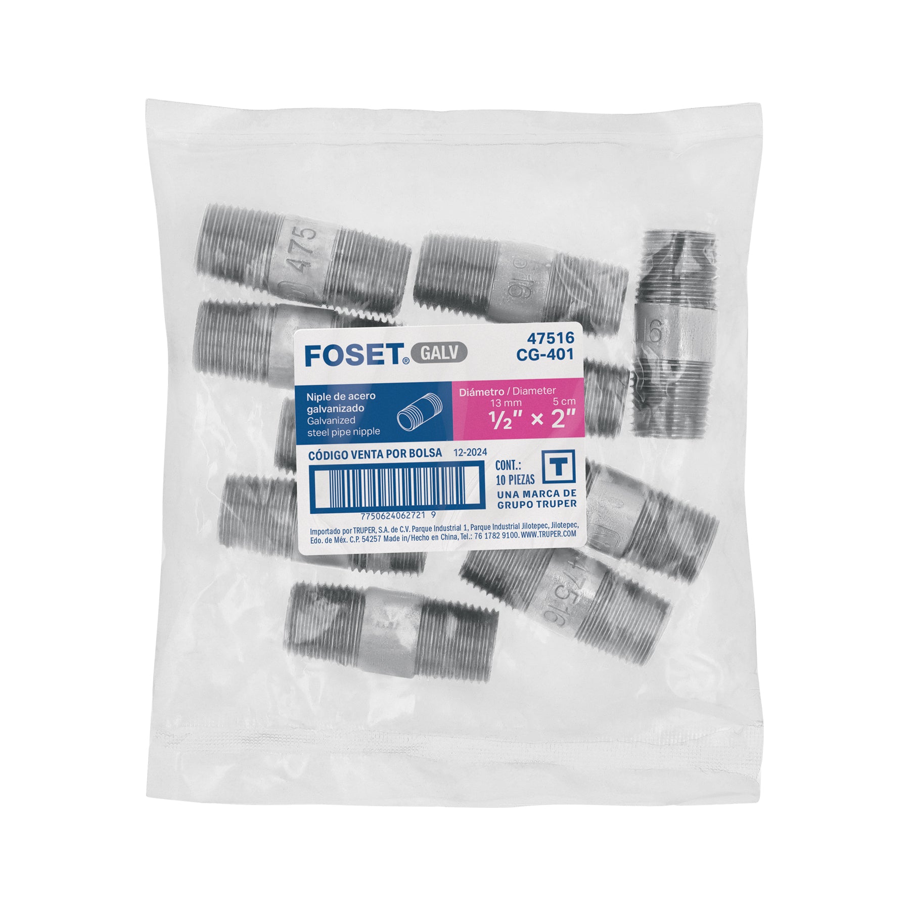 Niple de acero galvanizado 1/2" x 2", FOSET