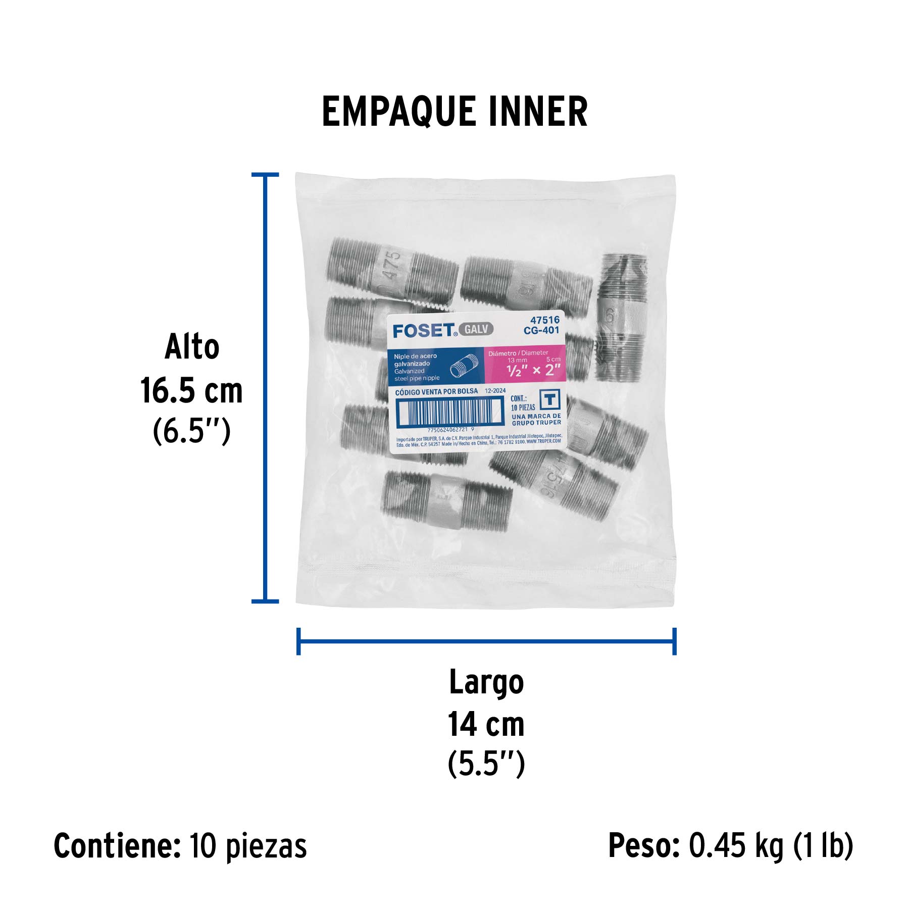 Niple de acero galvanizado 1/2" x 2", FOSET - Empaque