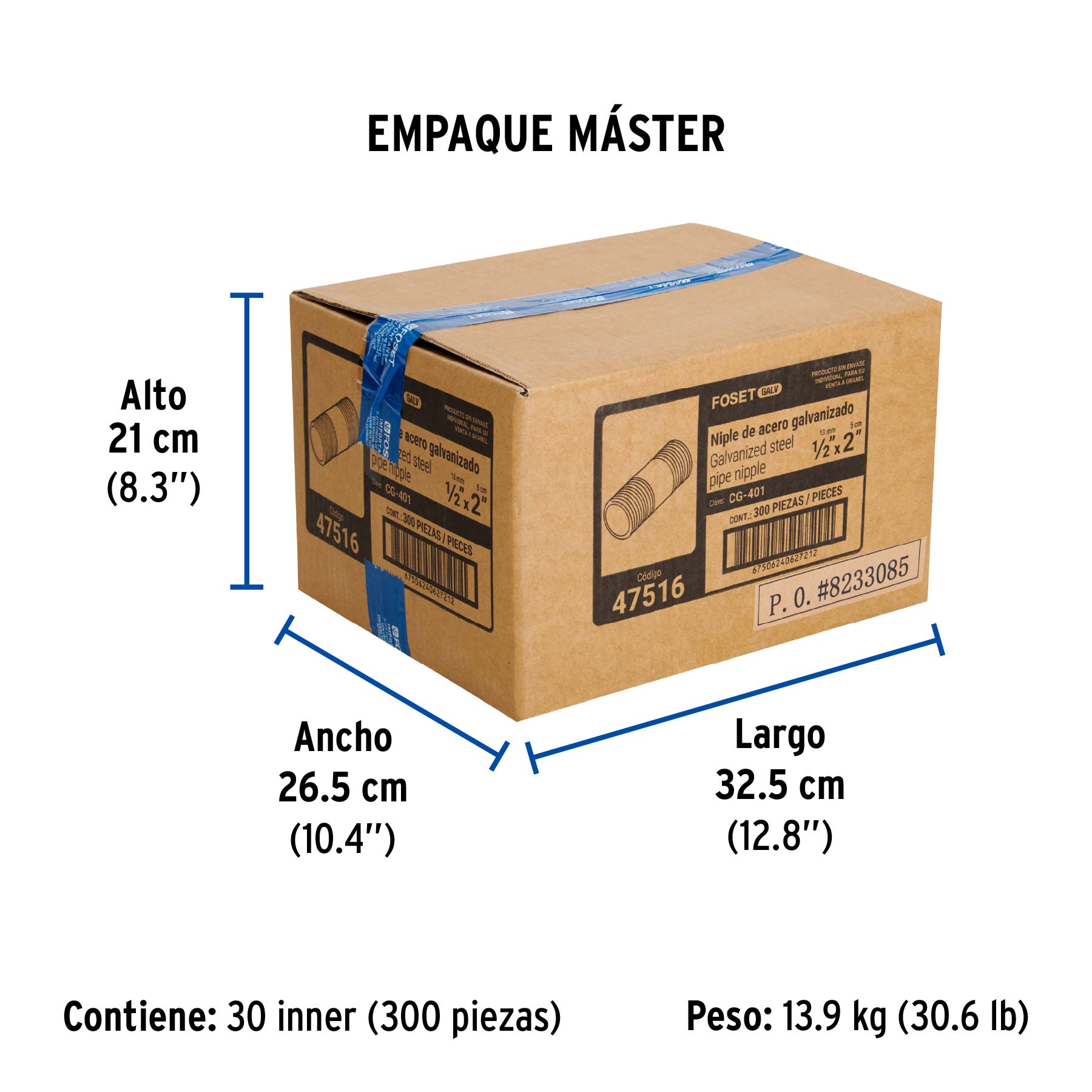 Niple de acero galvanizado 1/2" x 2", FOSET - Empaque