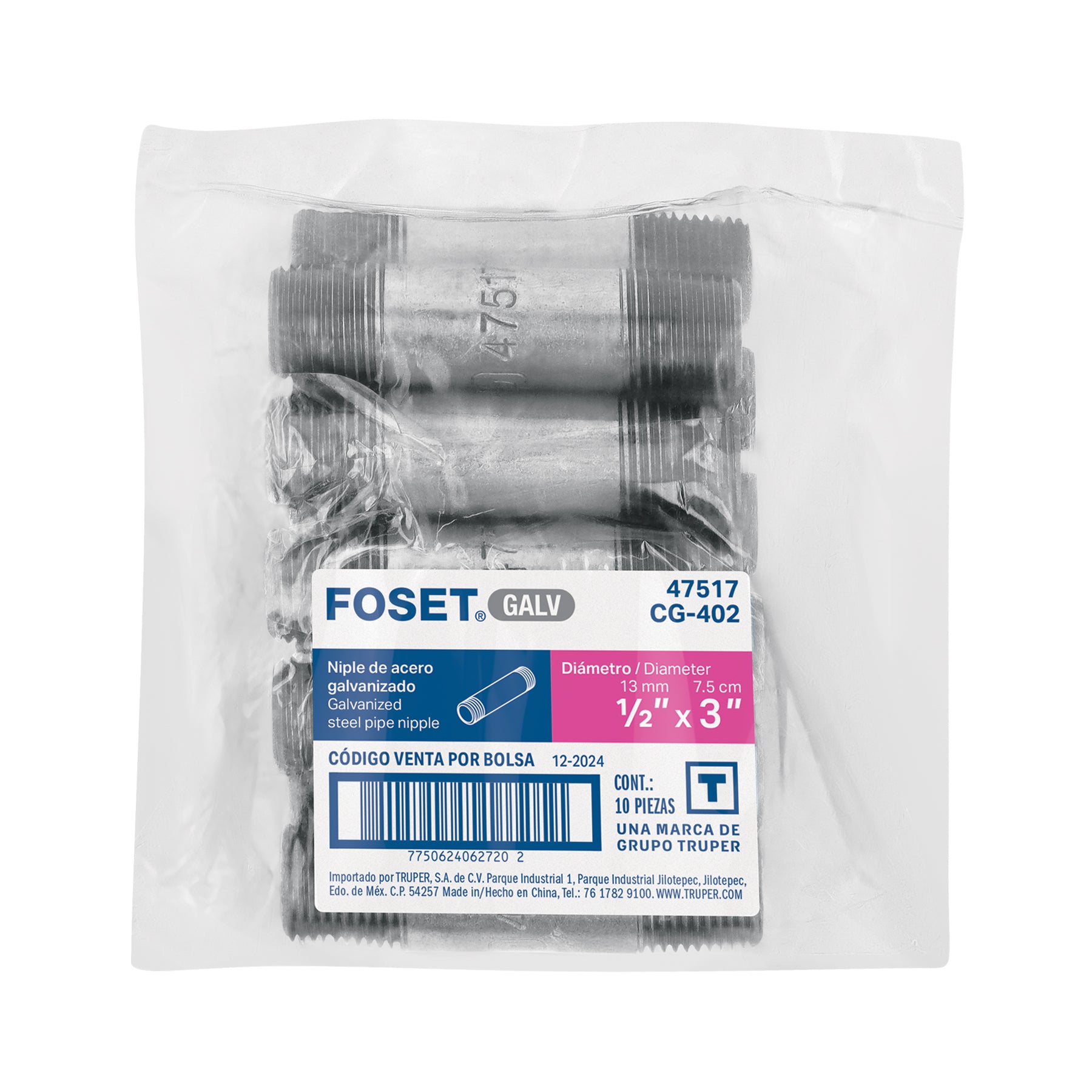 Niple de acero galvanizado 1/2" x 3", FOSET