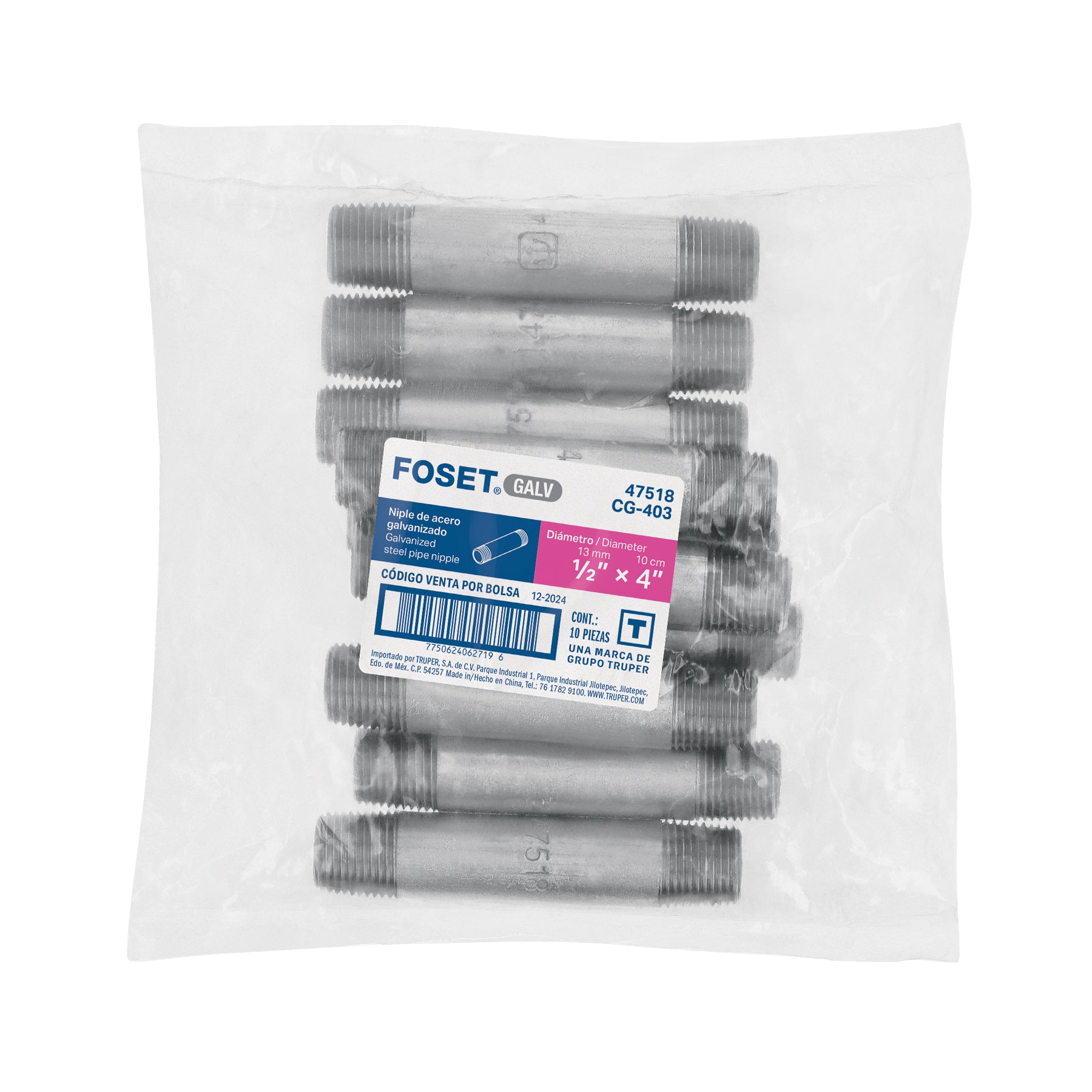 Niple de acero galvanizado 1/2" x 4", FOSET