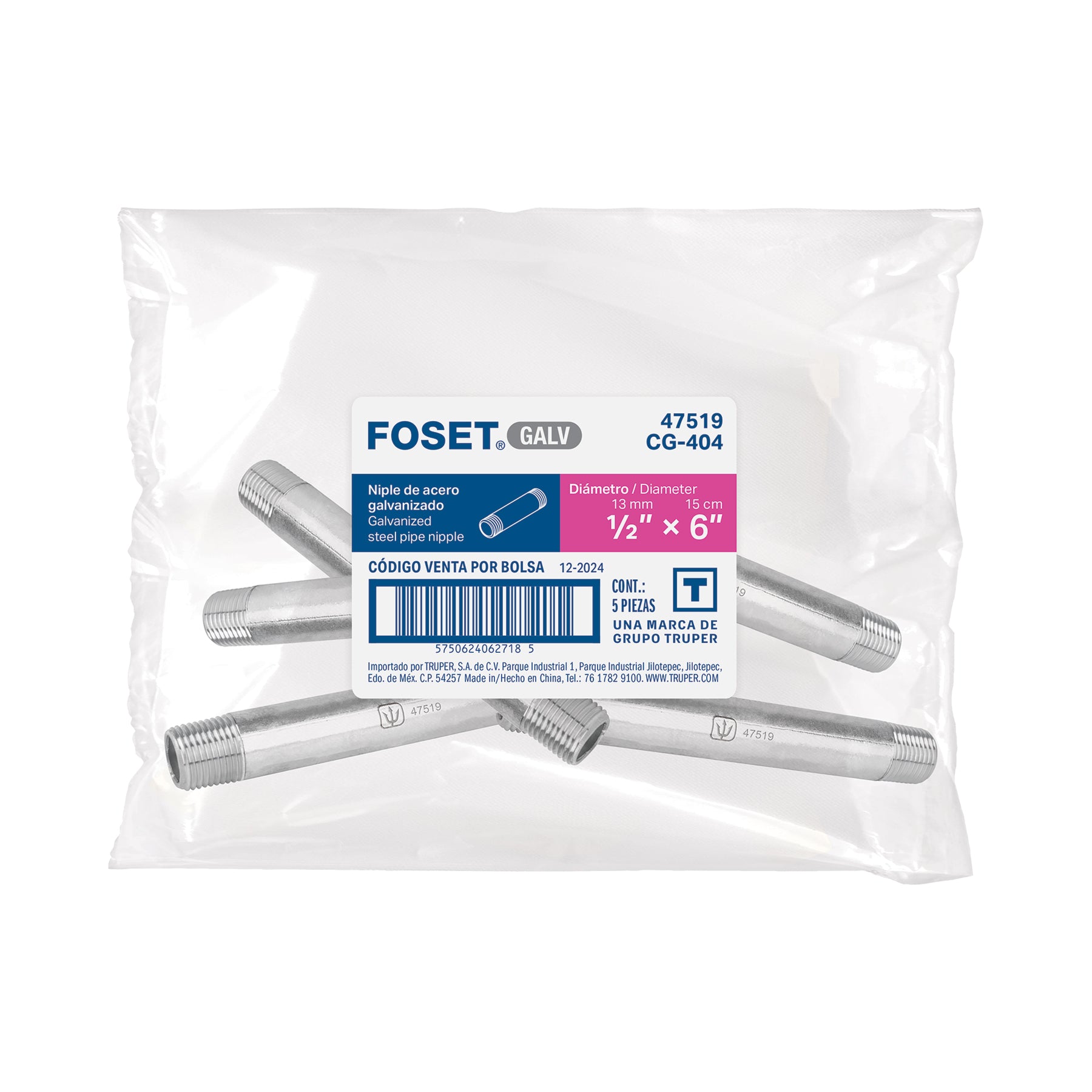 Niple de acero galvanizado 1/2" x 6", FOSET