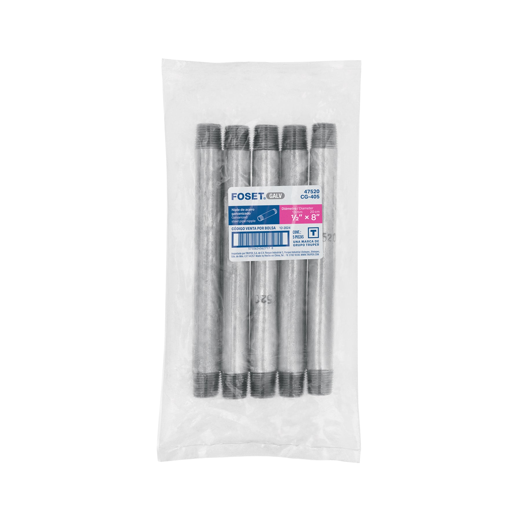 Niple de acero galvanizado 1/2" x 8", FOSET