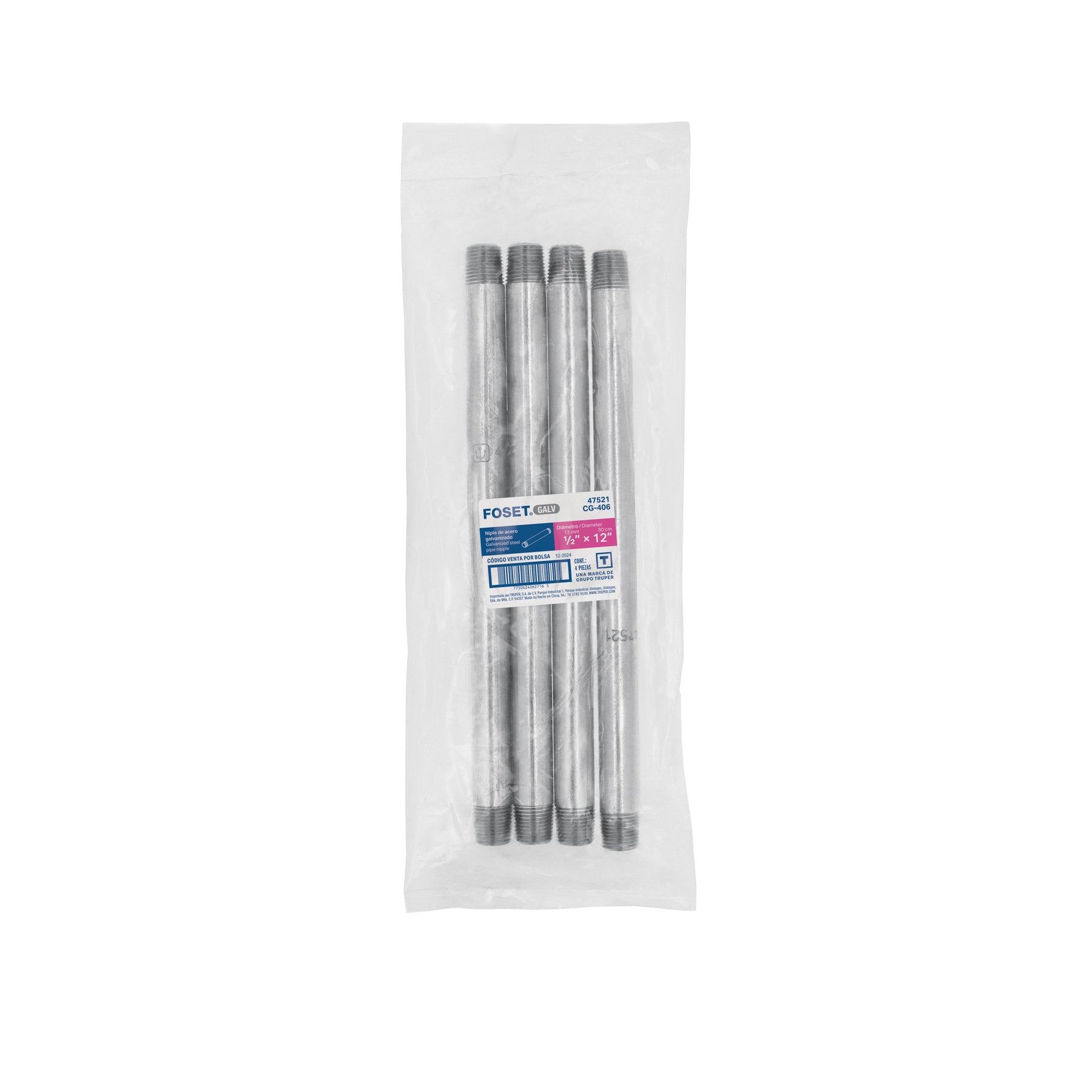 Niple de acero galvanizado 1/2" x 12", FOSET