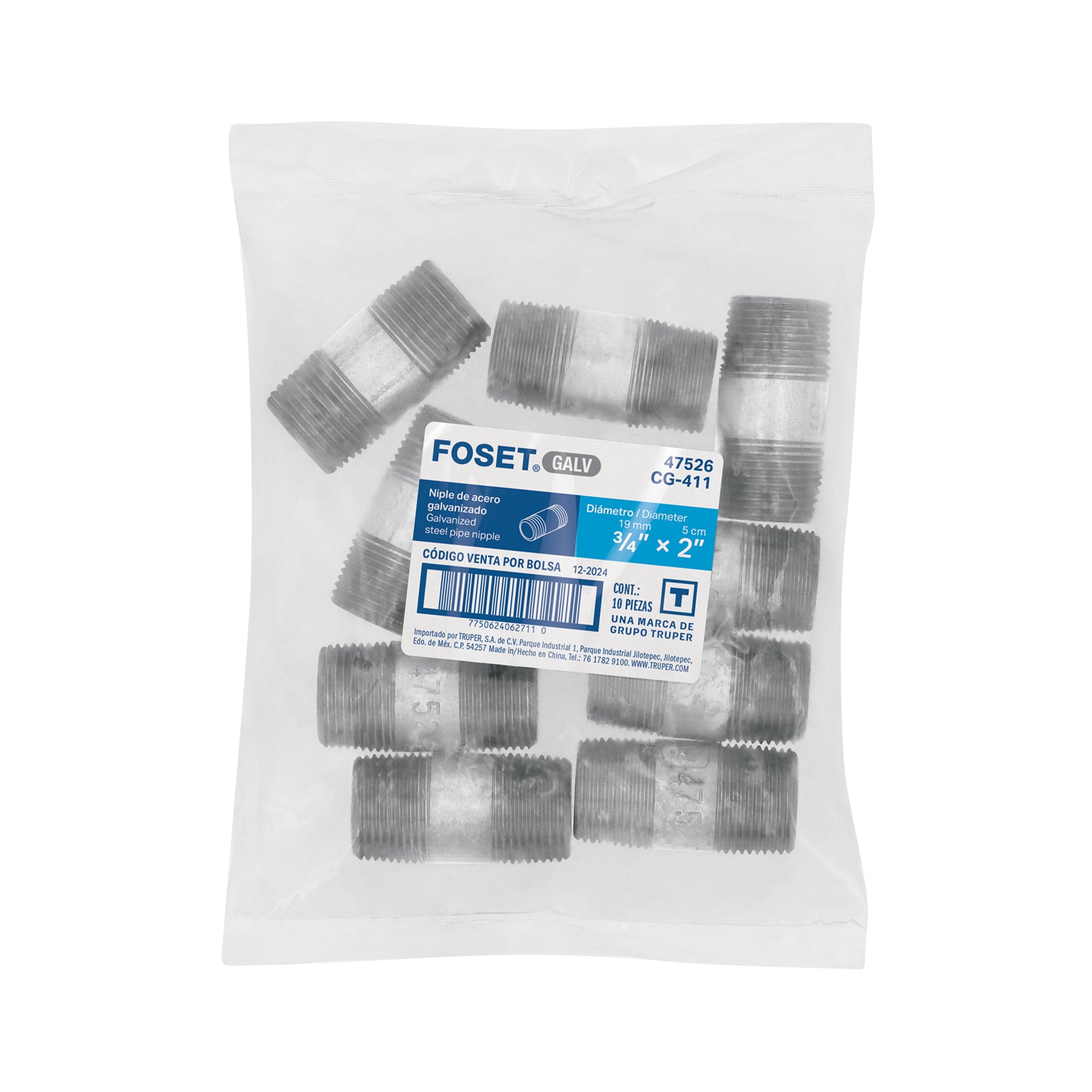 Niple de acero galvanizado 3/4" x 2", FOSET