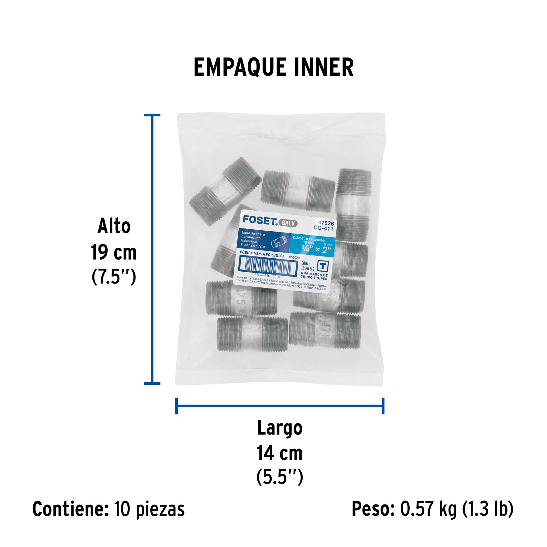 Niple de acero galvanizado 3/4" x 2", FOSET - Empaque