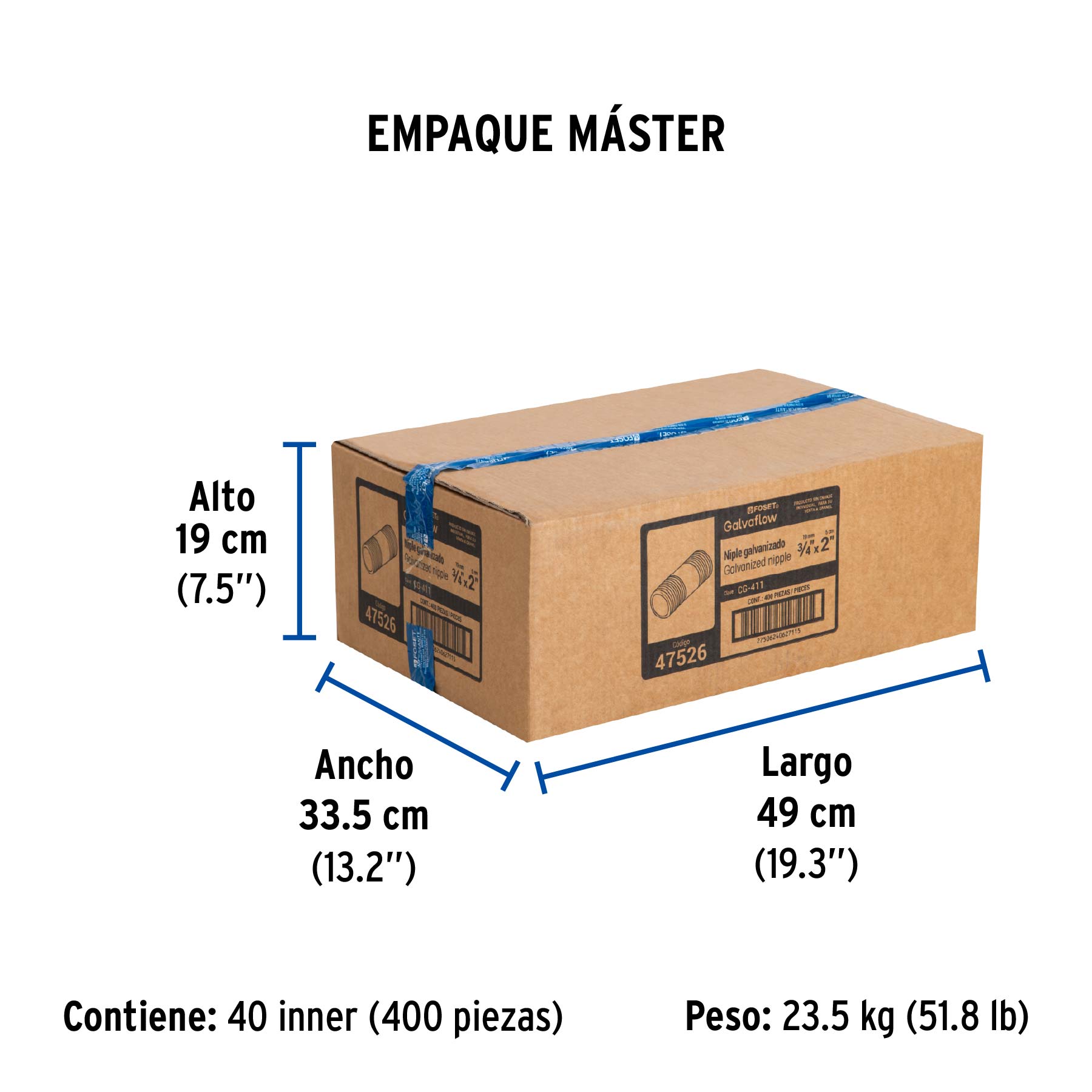 Niple de acero galvanizado 3/4" x 2", FOSET - Empaque