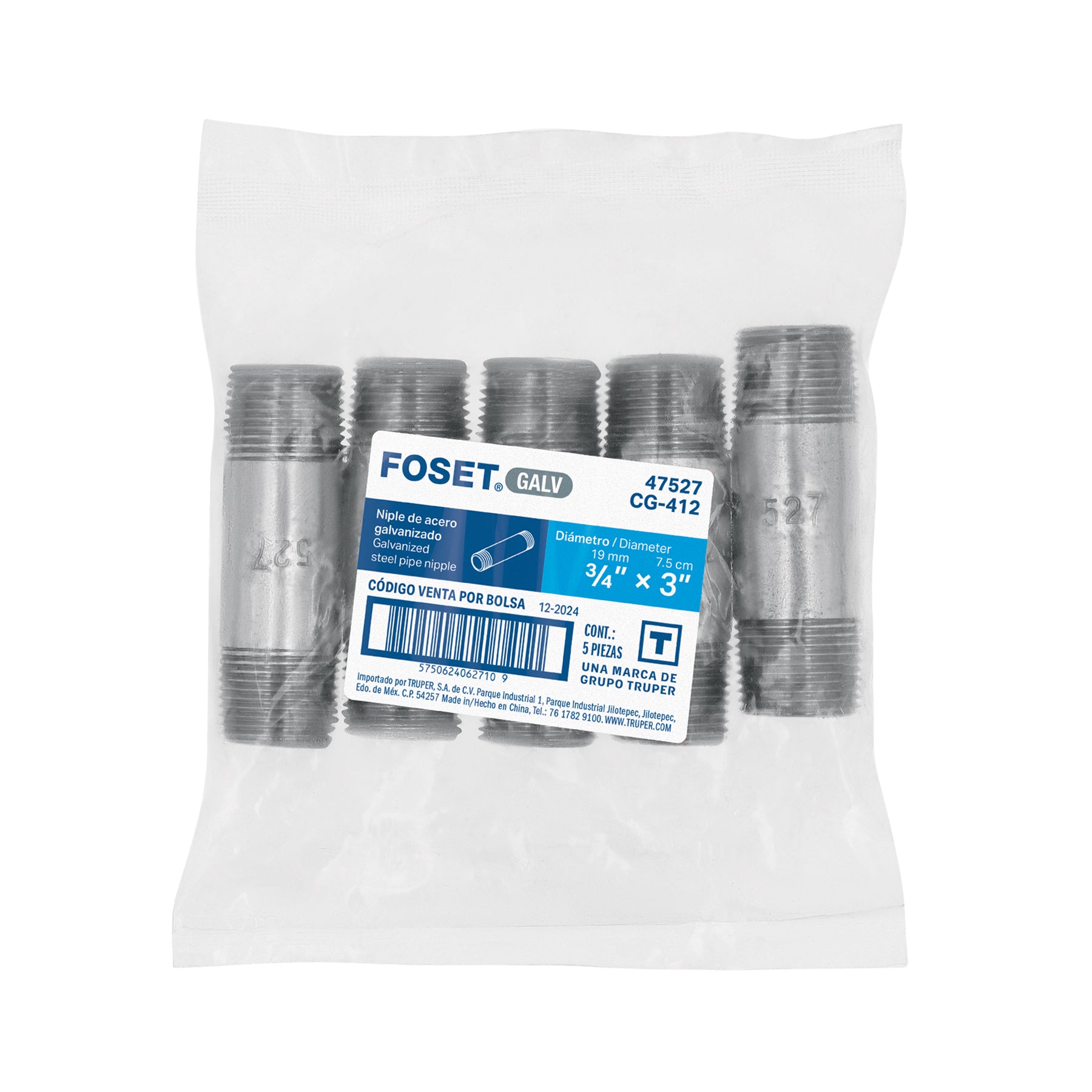 Niple de acero galvanizado 3/4" x 3", FOSET