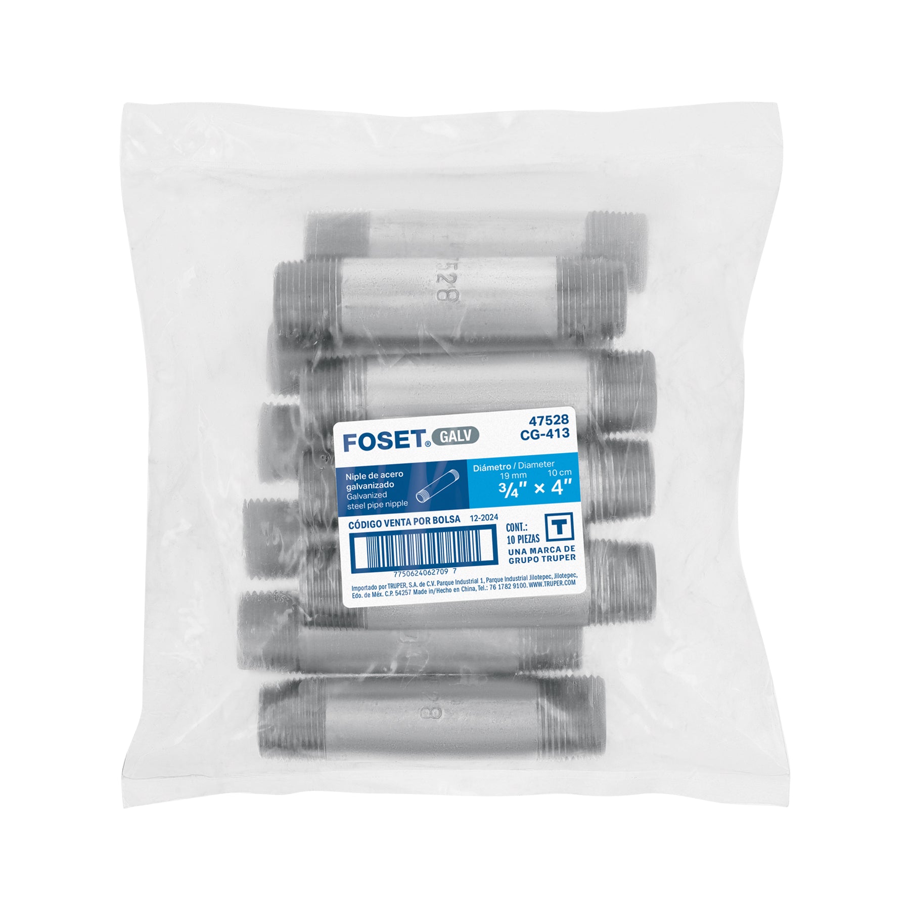 Niple de acero galvanizado 3/4" x 4", FOSET