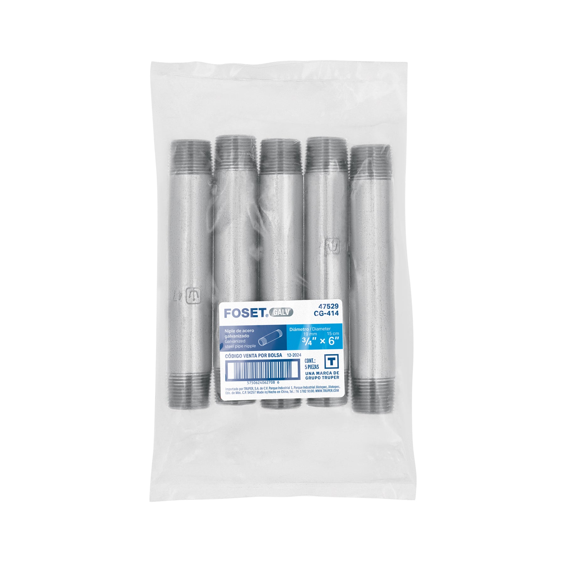 Niple de acero galvanizado 3/4" x 6", FOSET
