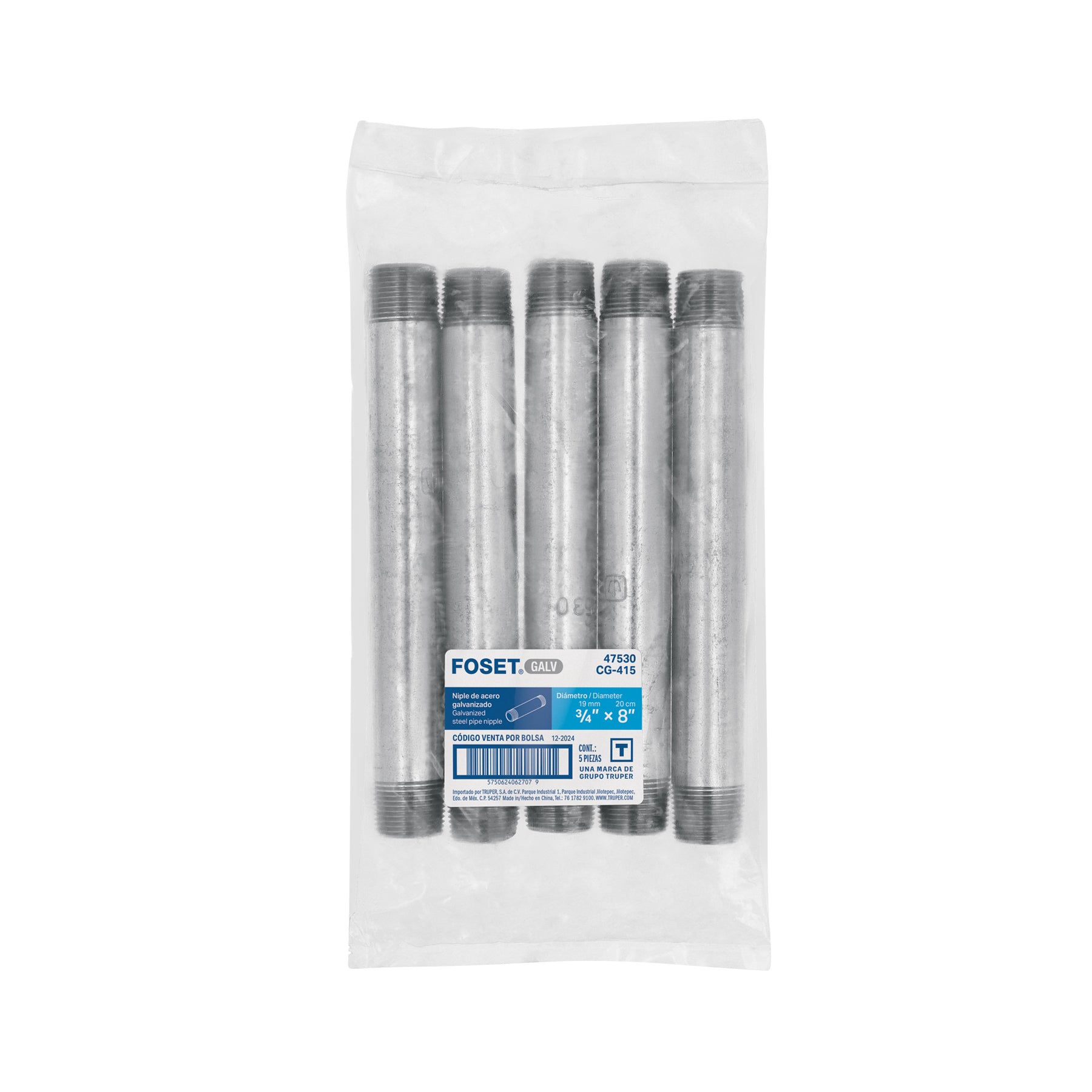 Niple de acero galvanizado 3/4" x 8", FOSET