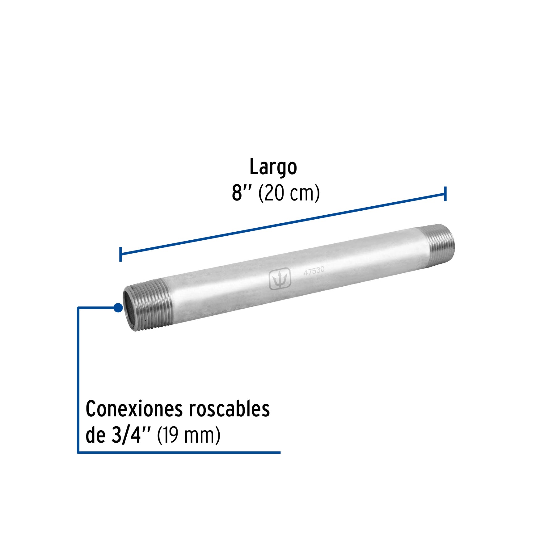 Niple de acero galvanizado 3/4" x 8", FOSET