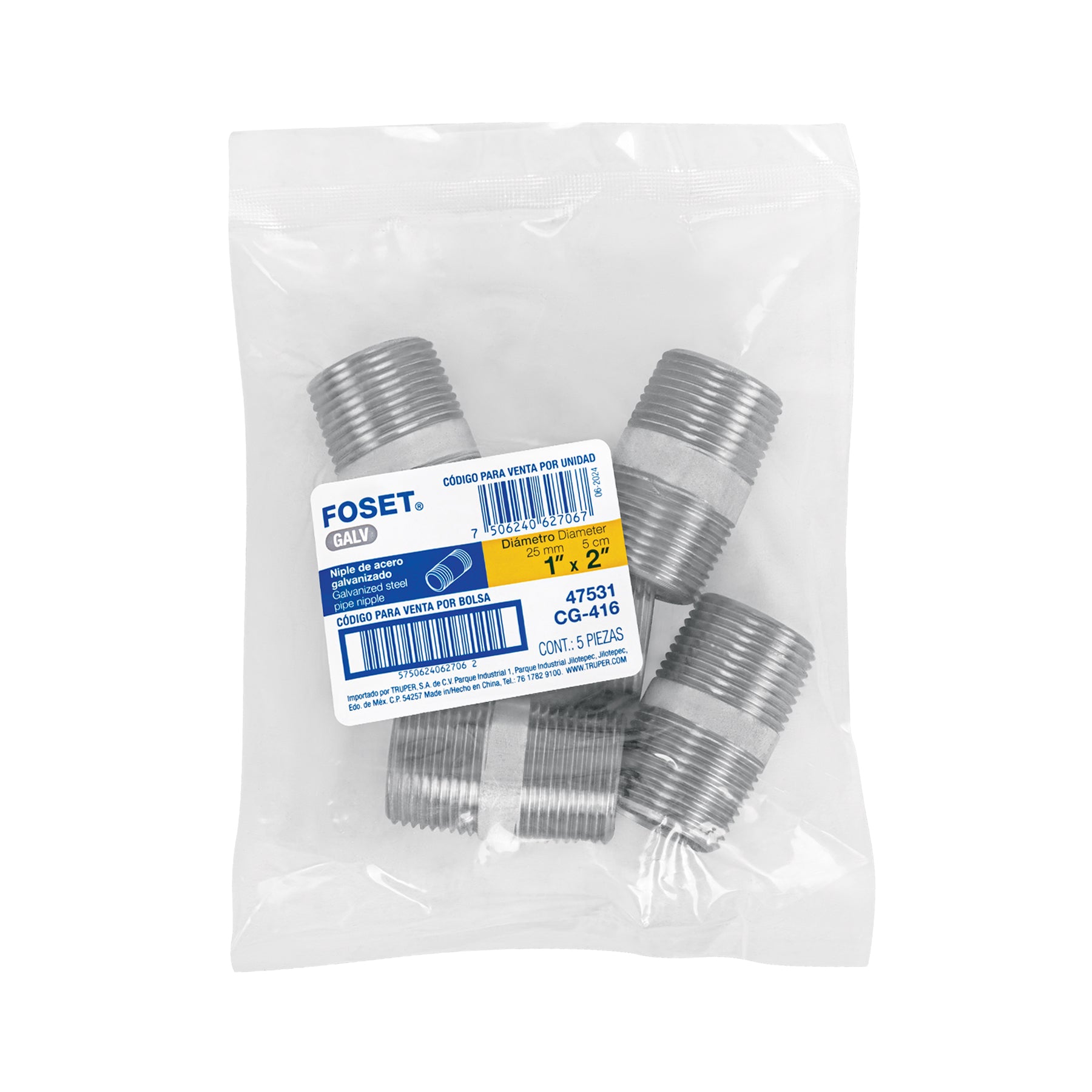 Niple de acero galvanizado 1" x 2", FOSET