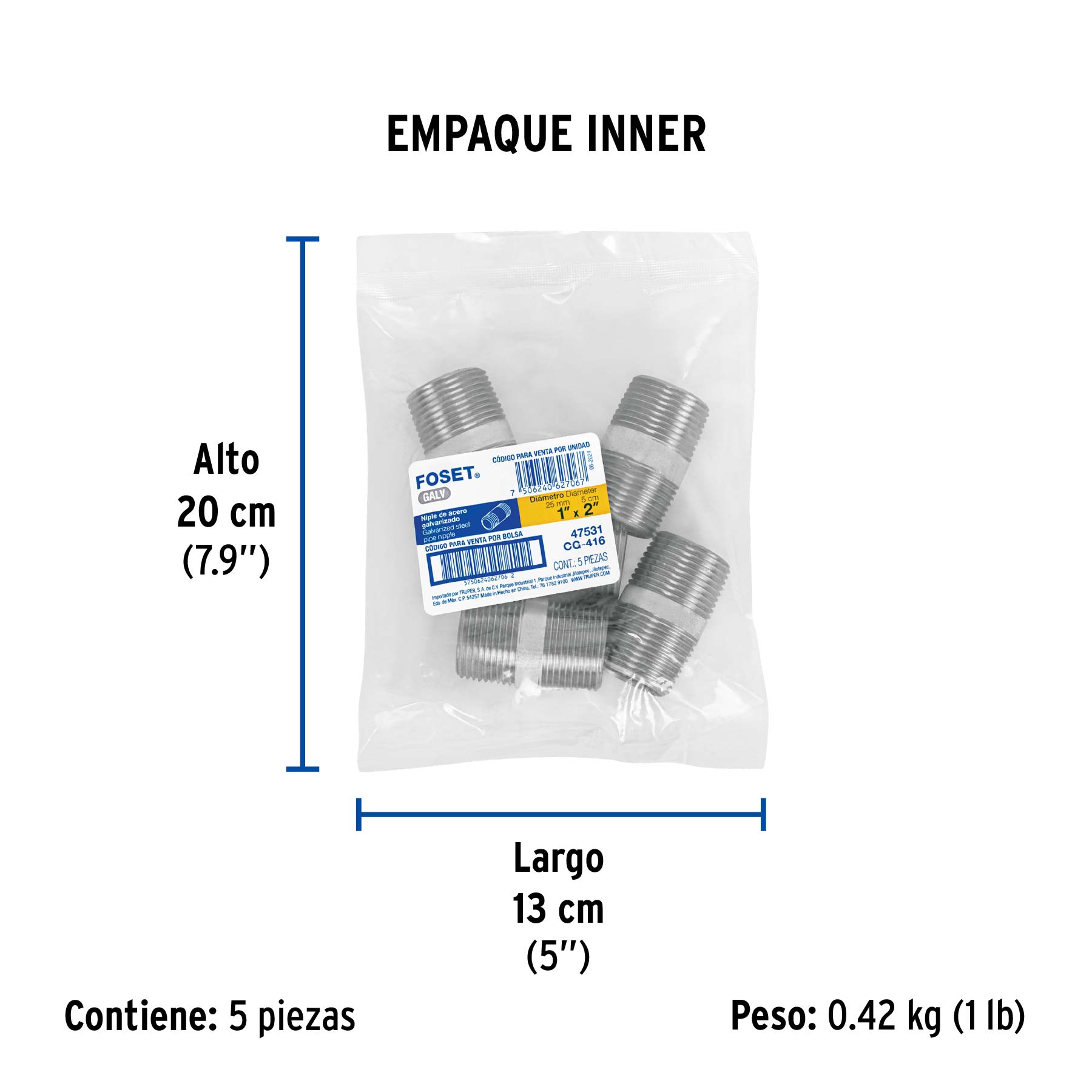 Niple de acero galvanizado 1" x 2", FOSET - Empaque