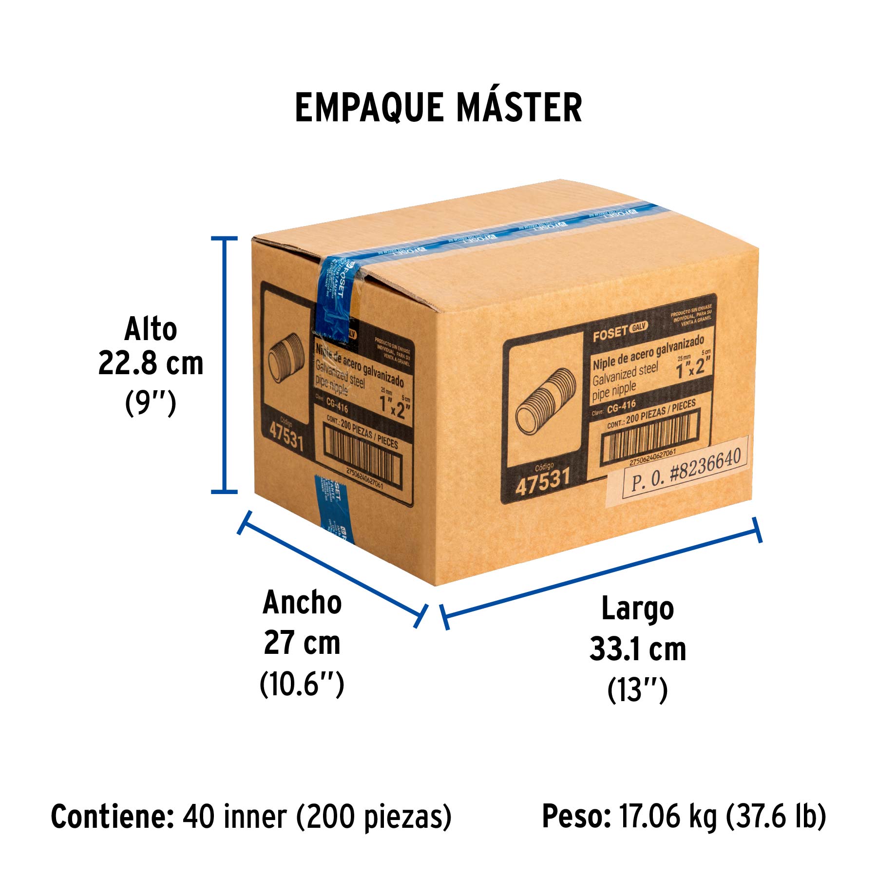 Niple de acero galvanizado 1" x 2", FOSET - Empaque