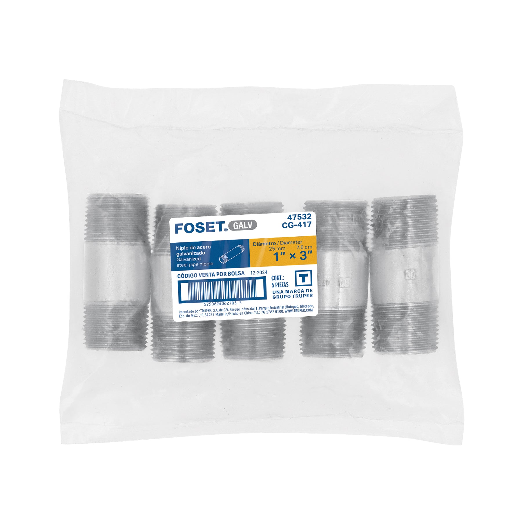 Niple de acero galvanizado 1" x 3", FOSET