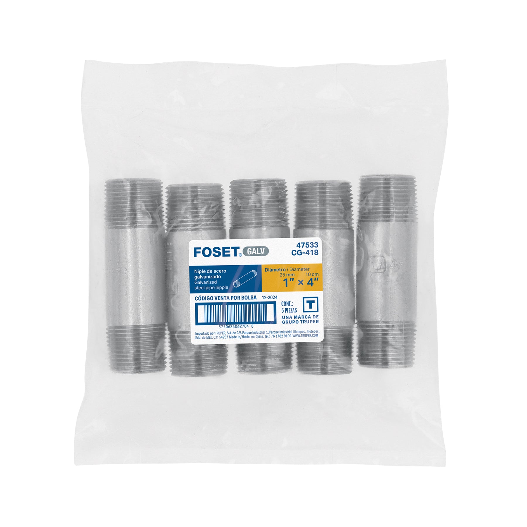 Niple de acero galvanizado 1" x 4", FOSET