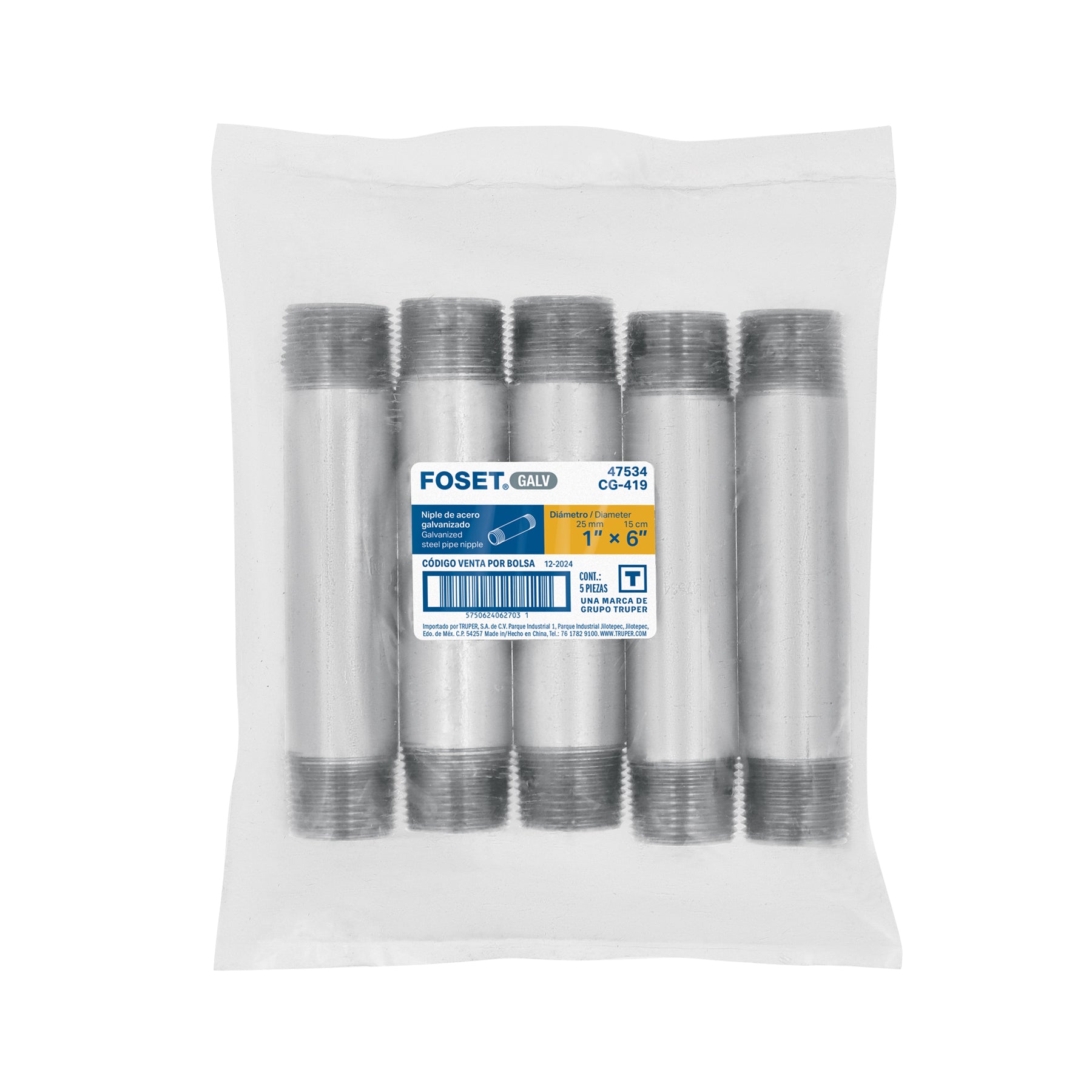 Niple de acero galvanizado 1" x 6", FOSET