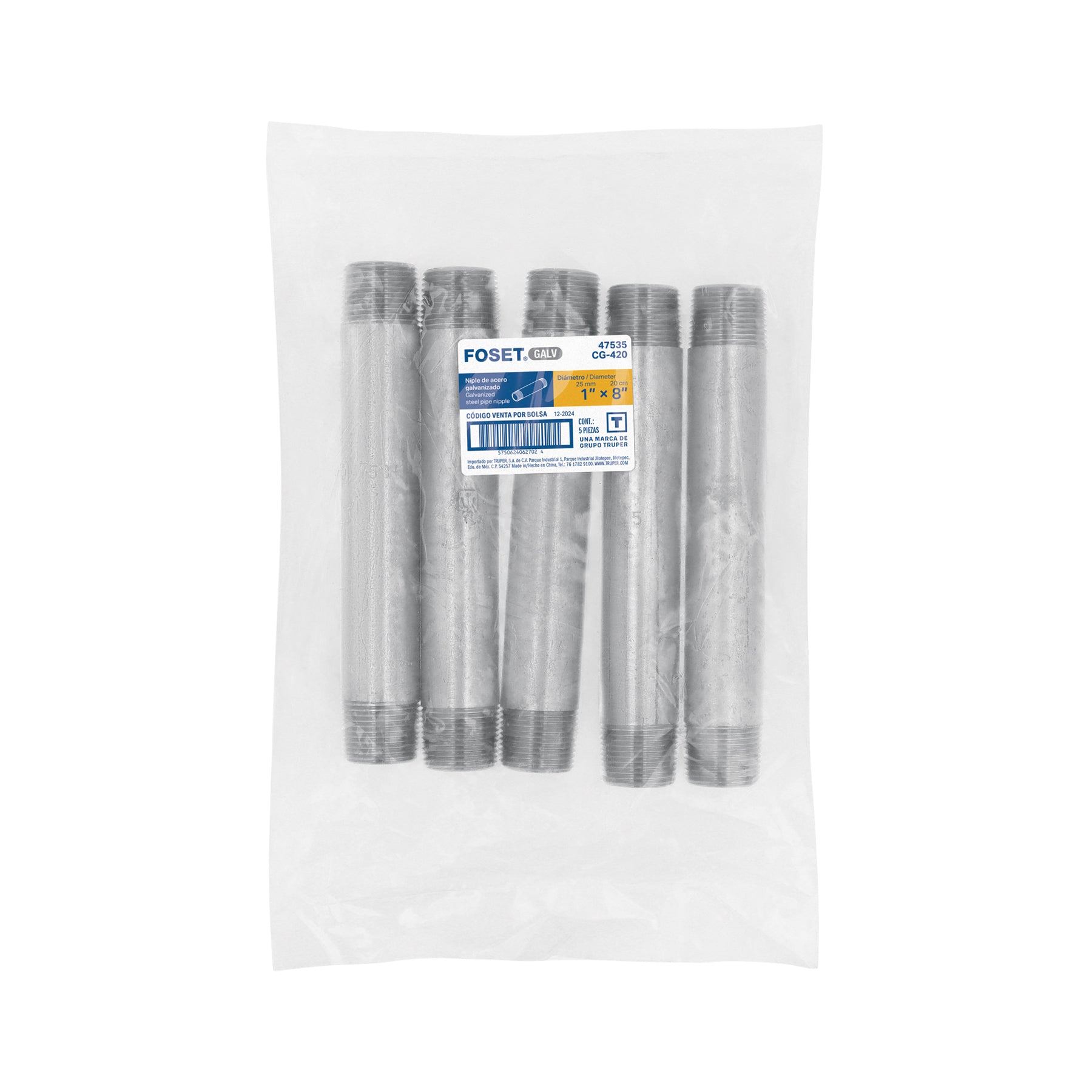 Niple de acero galvanizado 1" x 8", FOSET