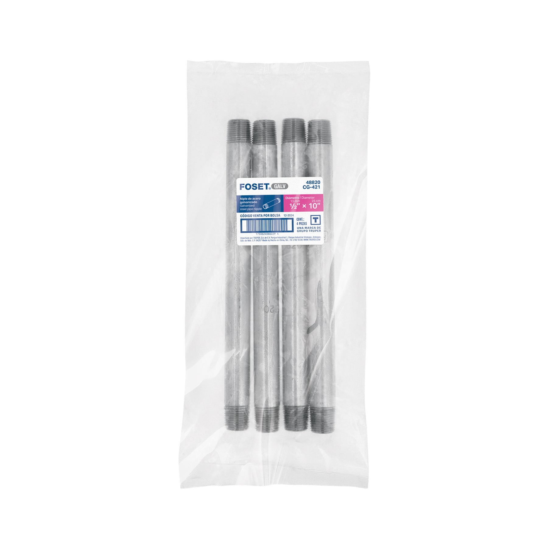 Niple de acero galvanizado 1/2 x 10", FOSET