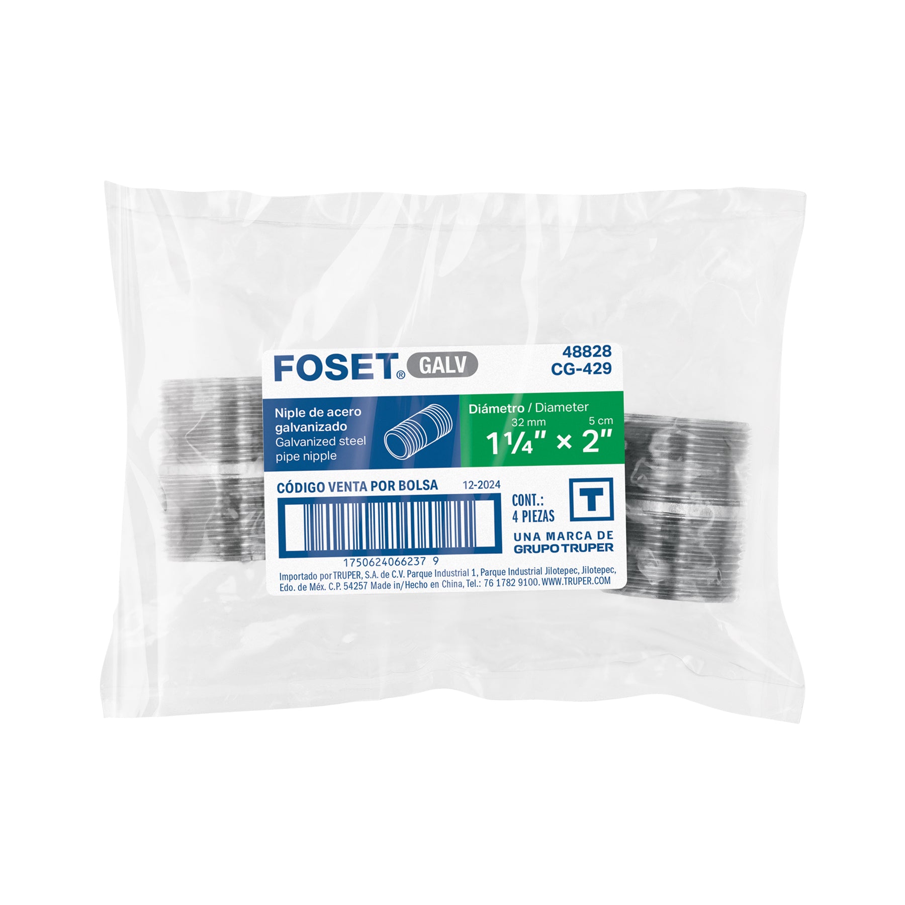 Niple de acero galvanizado 1-1/4 x 2", FOSET