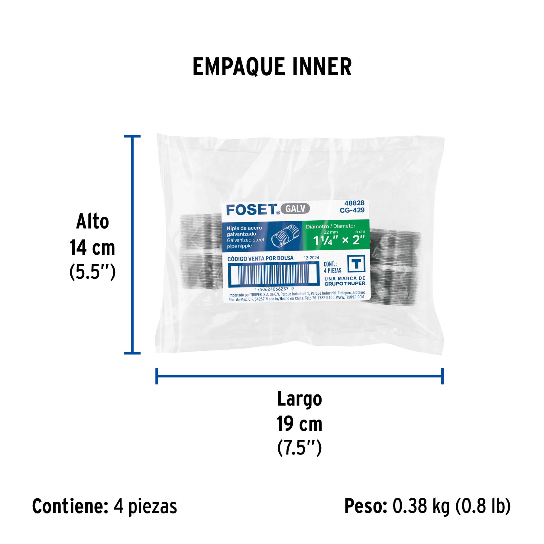 Niple de acero galvanizado 1-1/4 x 2", FOSET - Empaque