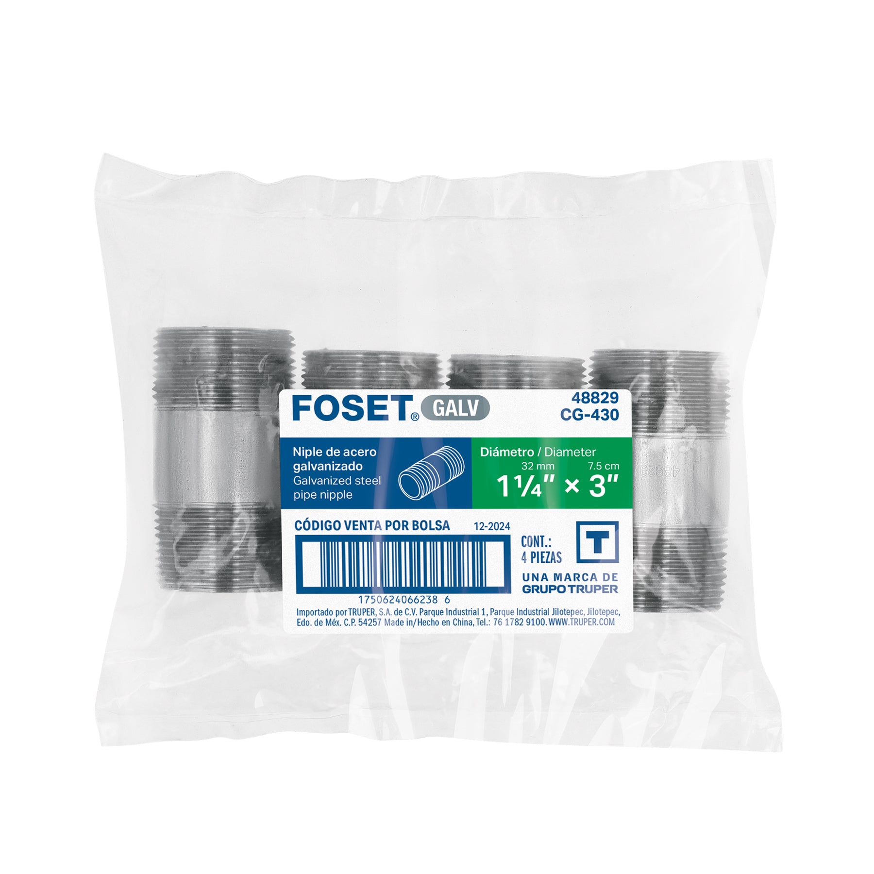 Niple de acero galvanizado 1-1/4 x 3", FOSET