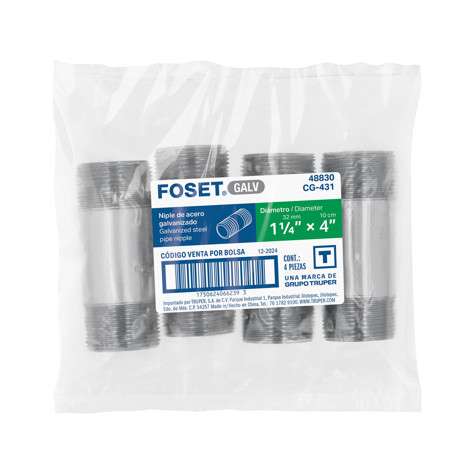 Niple de acero galvanizado 1-1/4 x 4", FOSET