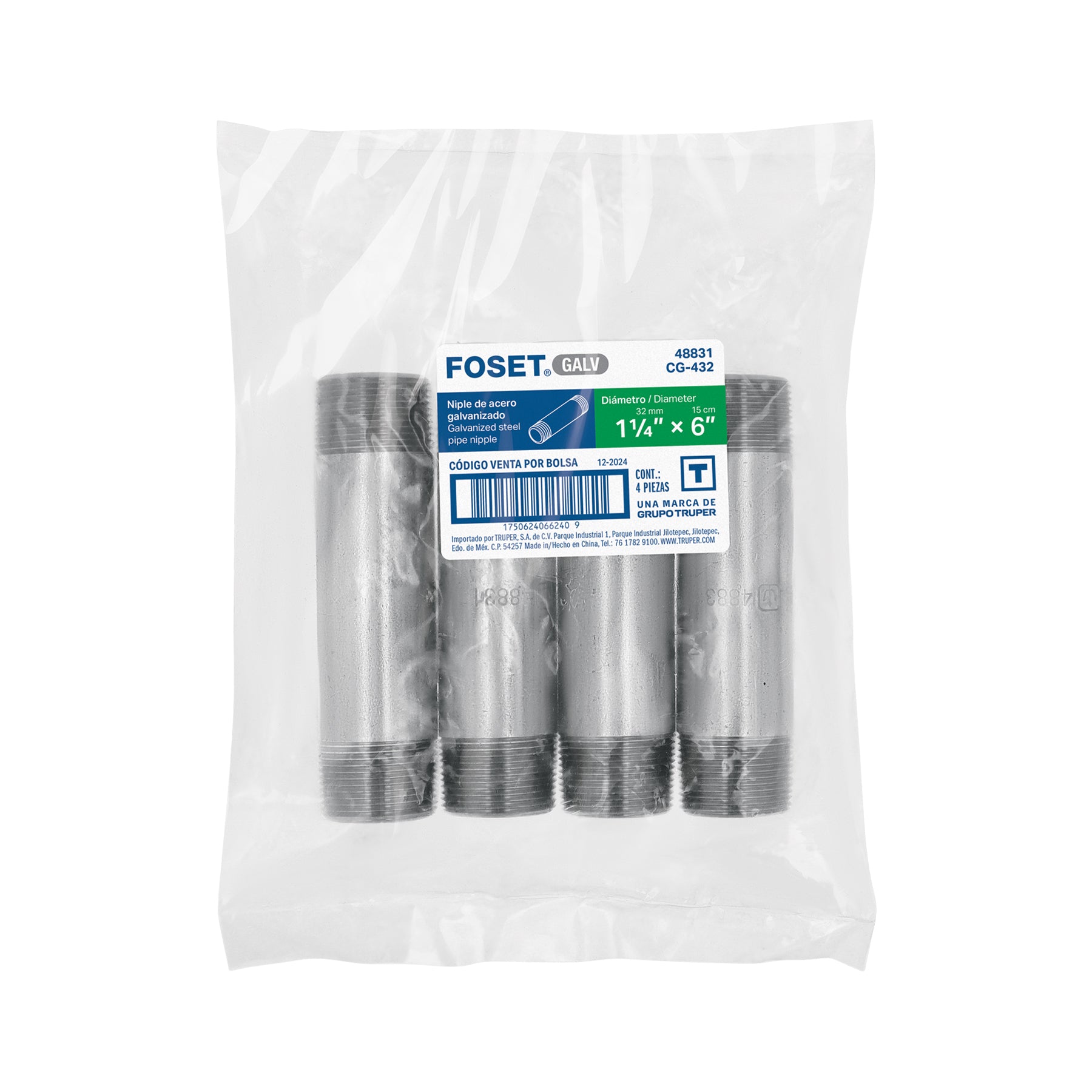 Niple de acero galvanizado 1-1/4 x 6", FOSET