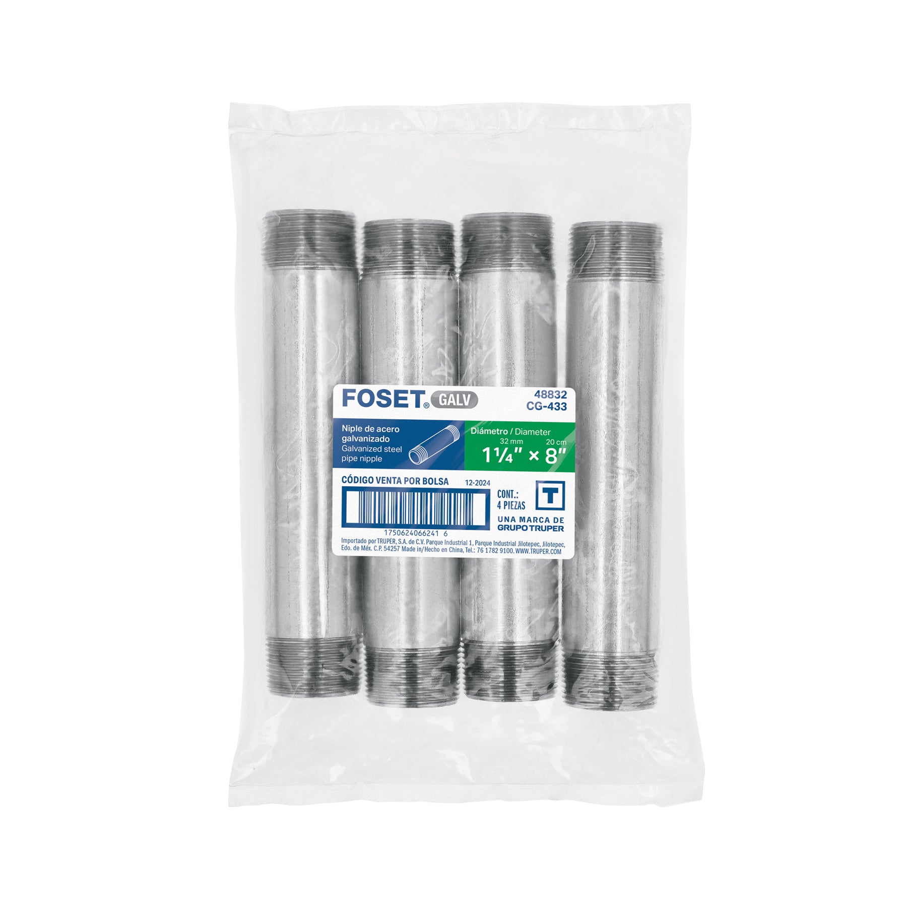 Niple de acero galvanizado 1-1/4 x 8", FOSET