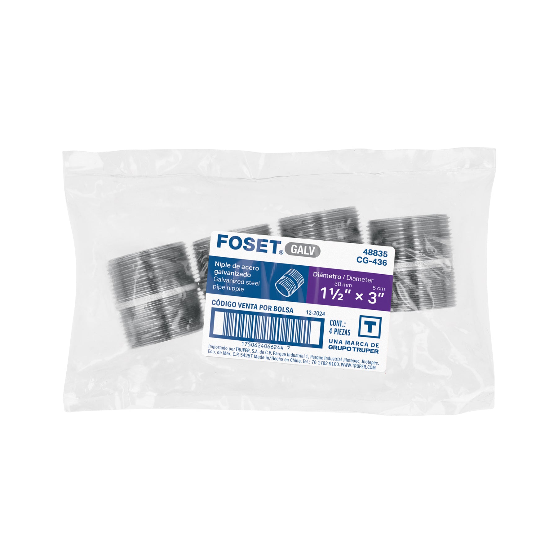 Niple de acero galvanizado 1-1/2 x 2", FOSET