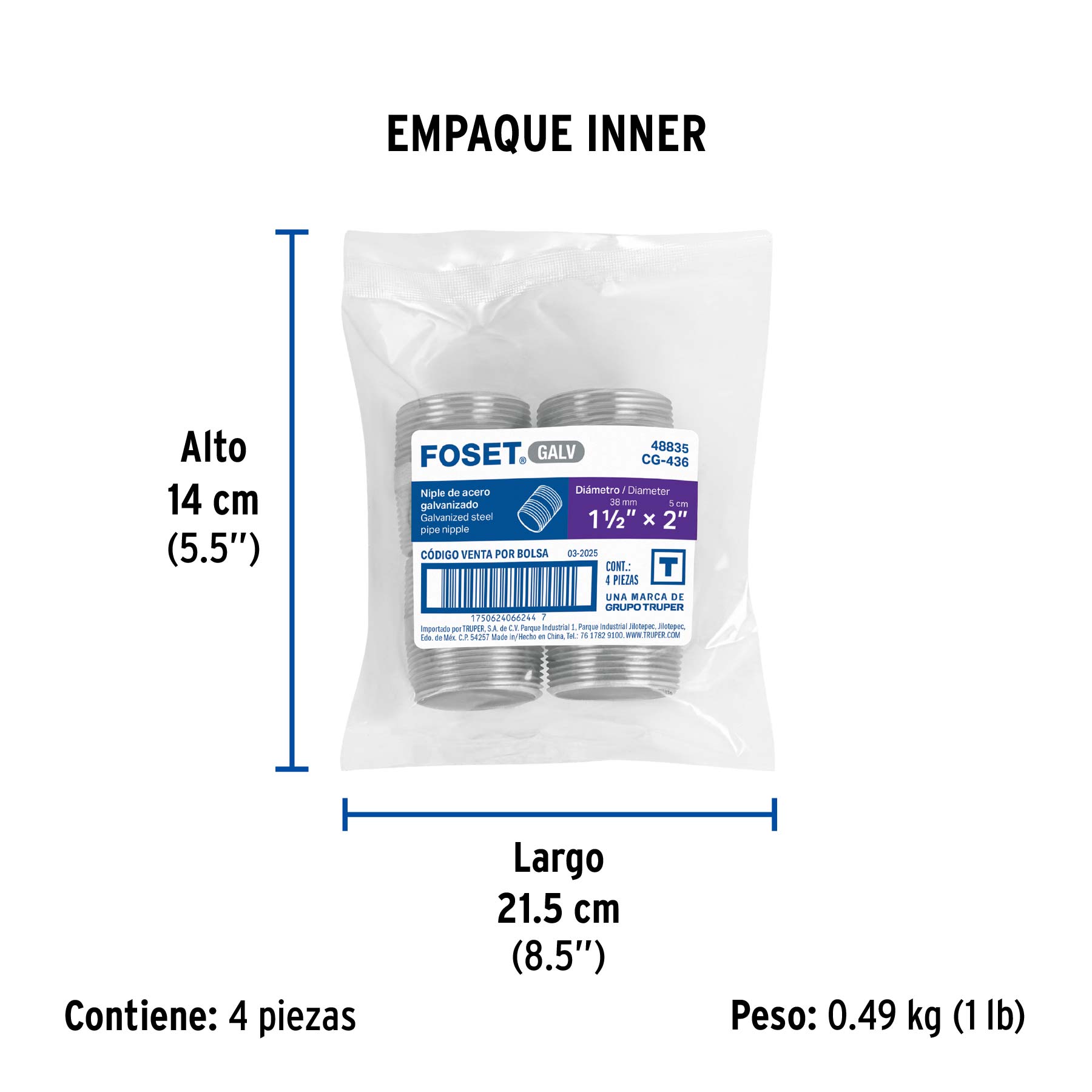 Niple de acero galvanizado 1-1/2 x 2", FOSET - Empaque
