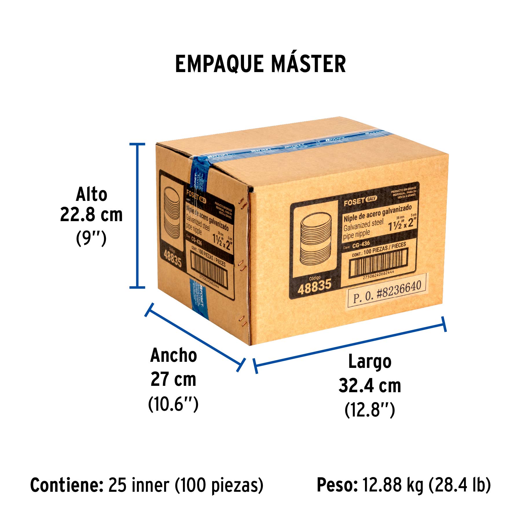 Niple de acero galvanizado 1-1/2 x 2", FOSET - Empaque