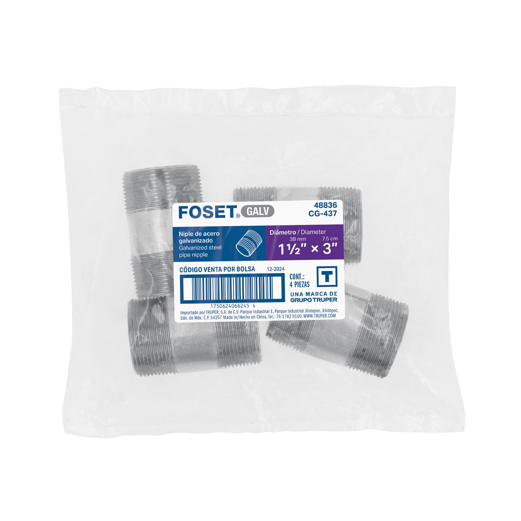 Niple de acero galvanizado 1-1/2 x 3", FOSET