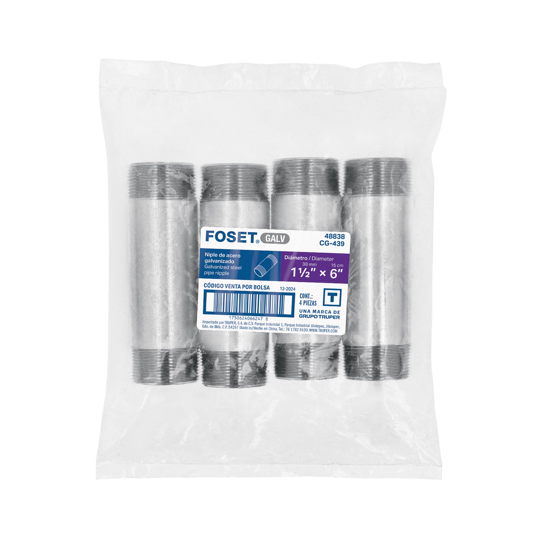 Niple de acero galvanizado 1-1/2 x 6", FOSET