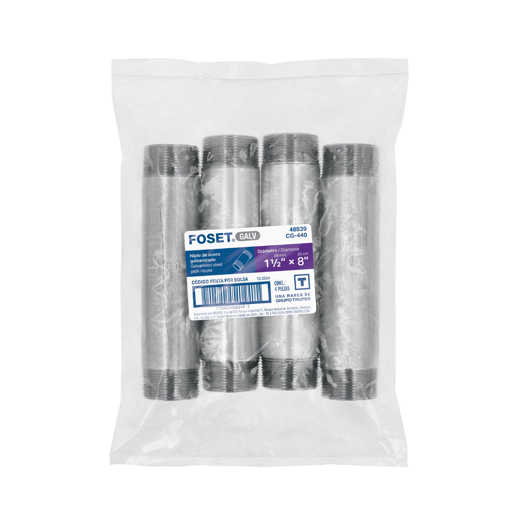 Niple de acero galvanizado 1-1/2 x 8", FOSET