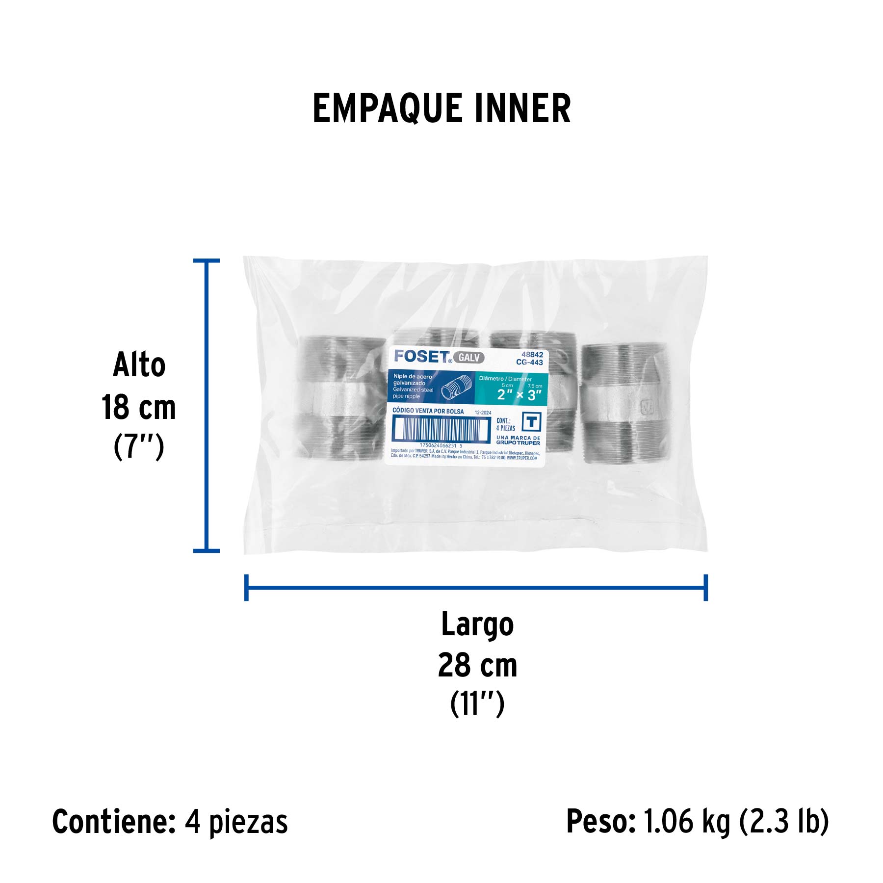 Niple de acero galvanizado 2 x 3", FOSET - Empaque