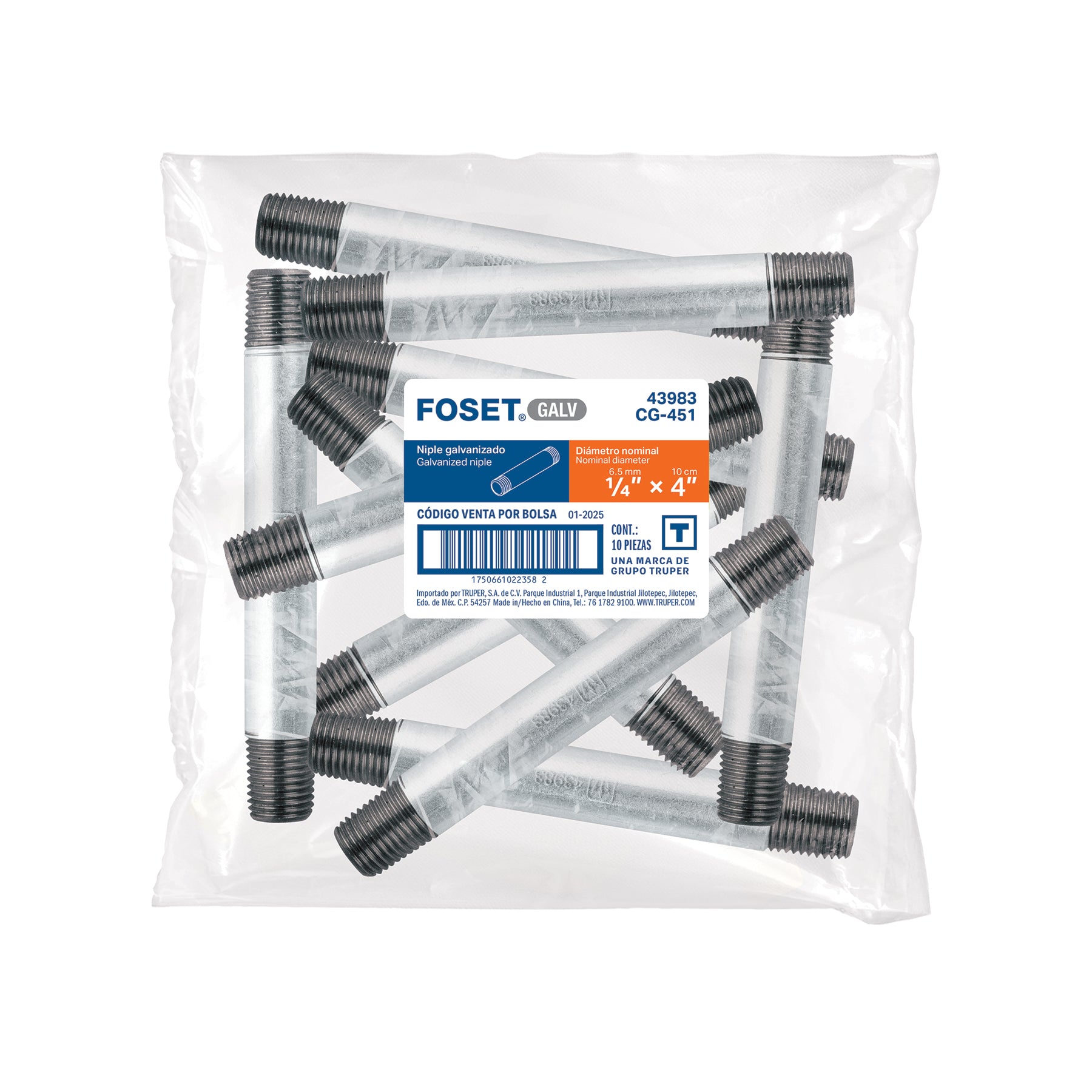 Niple de acero galvanizado 1/4" x 4", FOSET