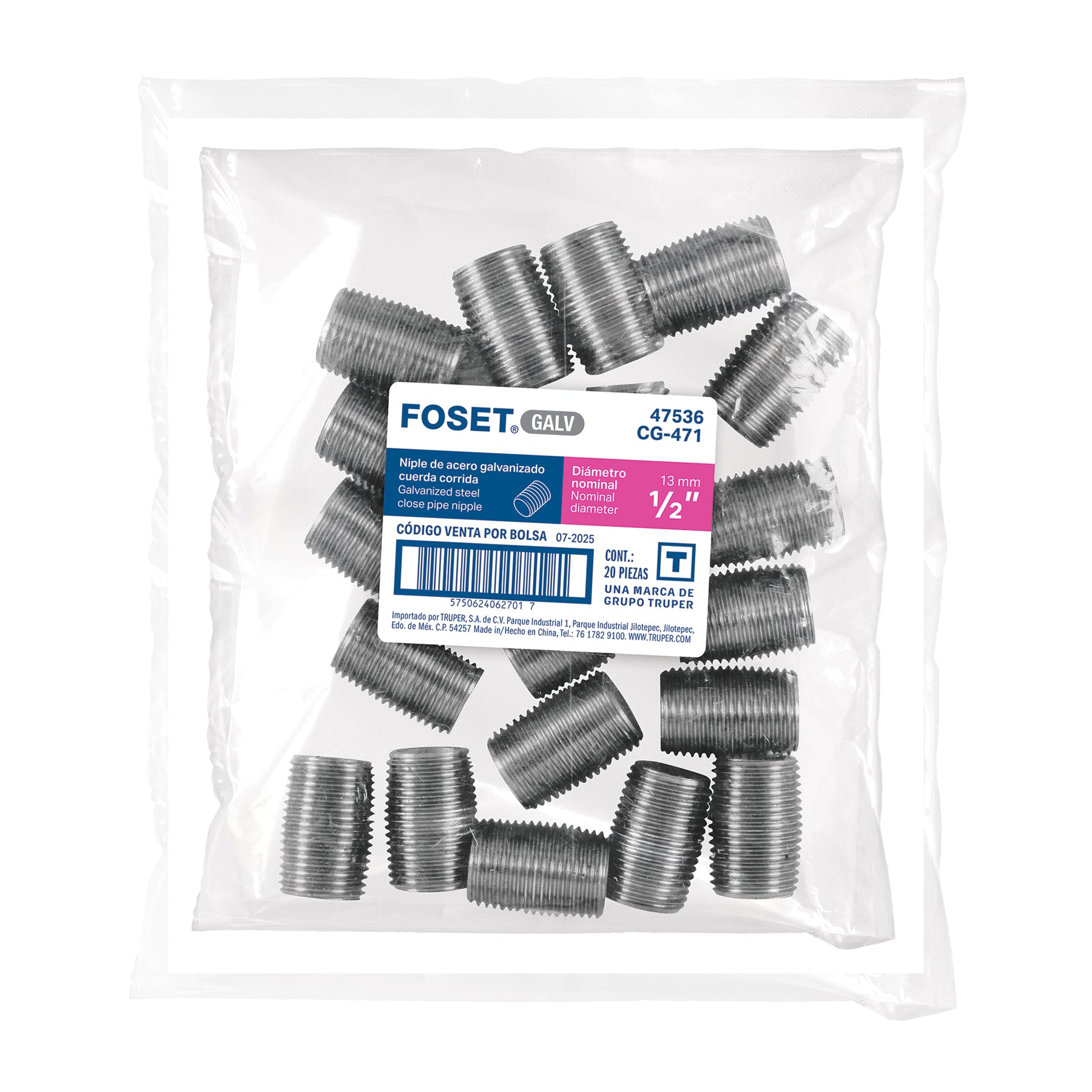 Niple de acero galvanizado 1/2" cuerda corrida, FOSET