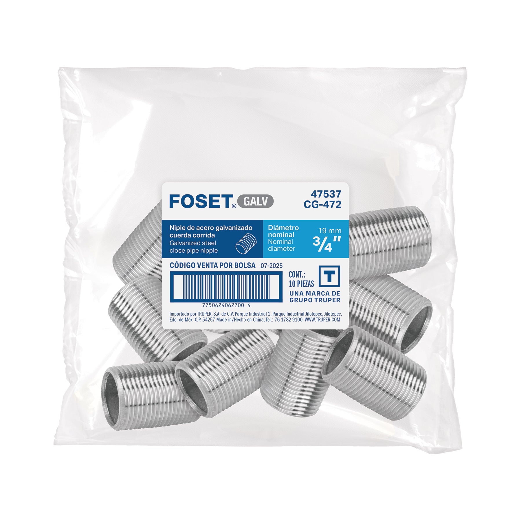 Niple de acero galvanizado 3/4" cuerda corrida, FOSET
