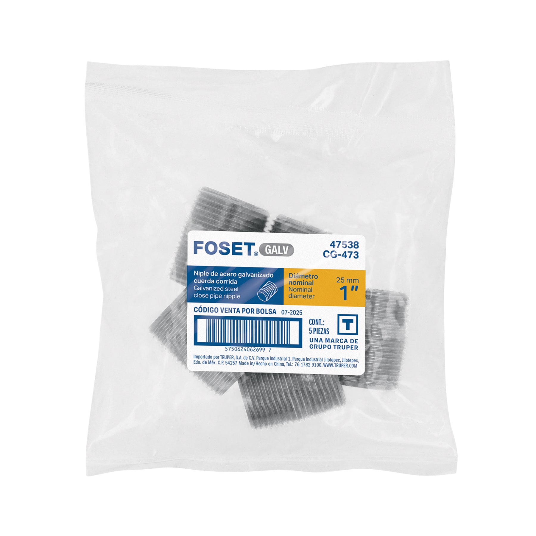 Niple de acero galvanizado 1" cuerda corrida, FOSET