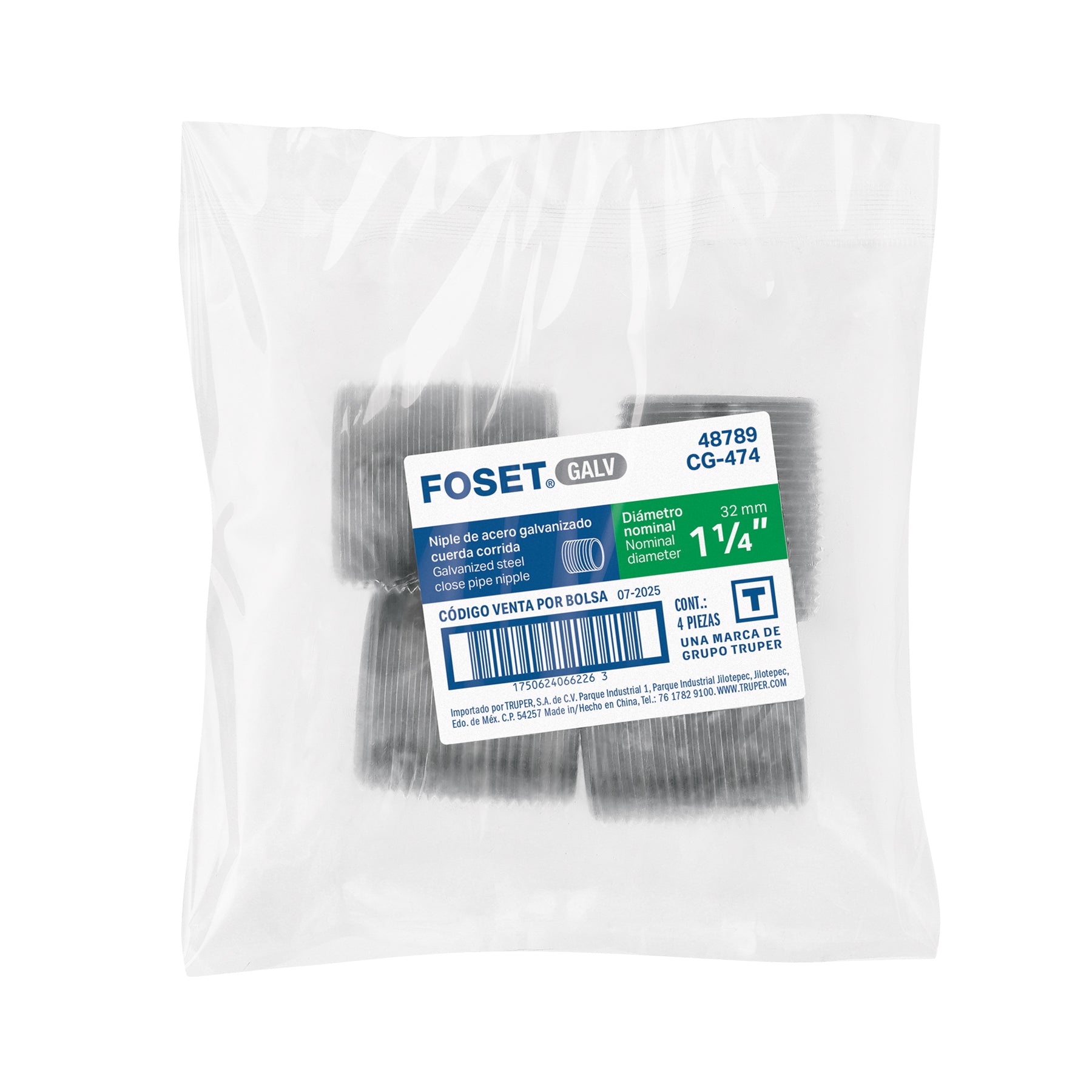 Niple de acero galvanizado 1-1/4" cuerda corrida, FOSET