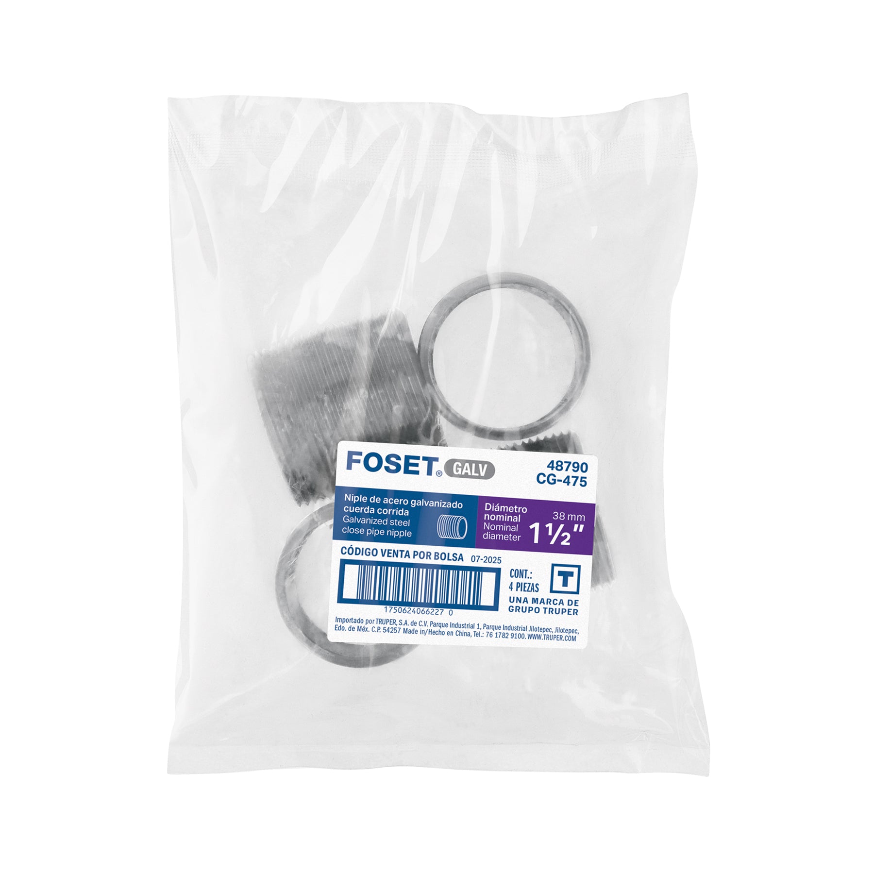 Niple de acero galvanizado 1-1/2" cuerda corrida, FOSET