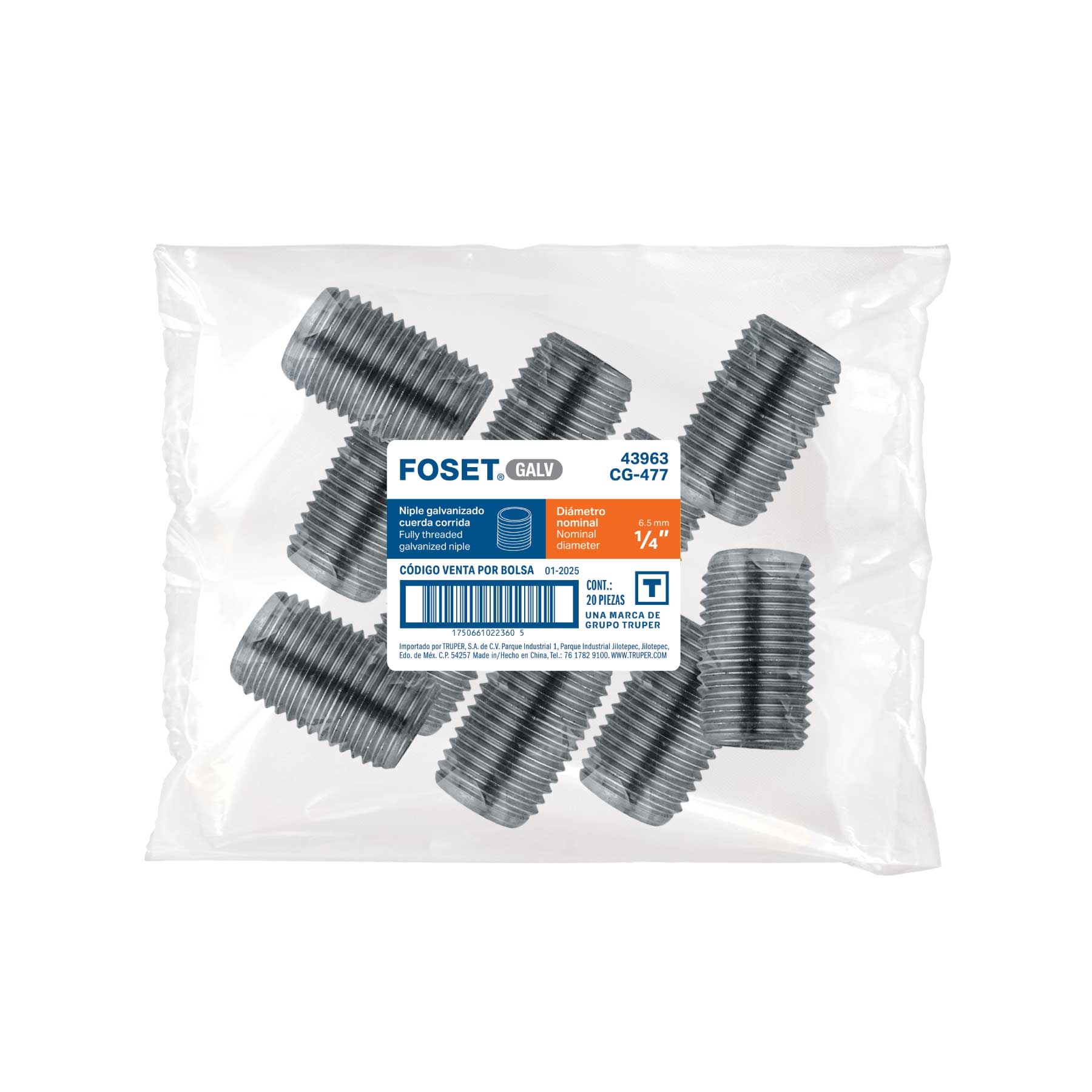 Niple de acero galvanizado 1/4" cuerda corrida, FOSET