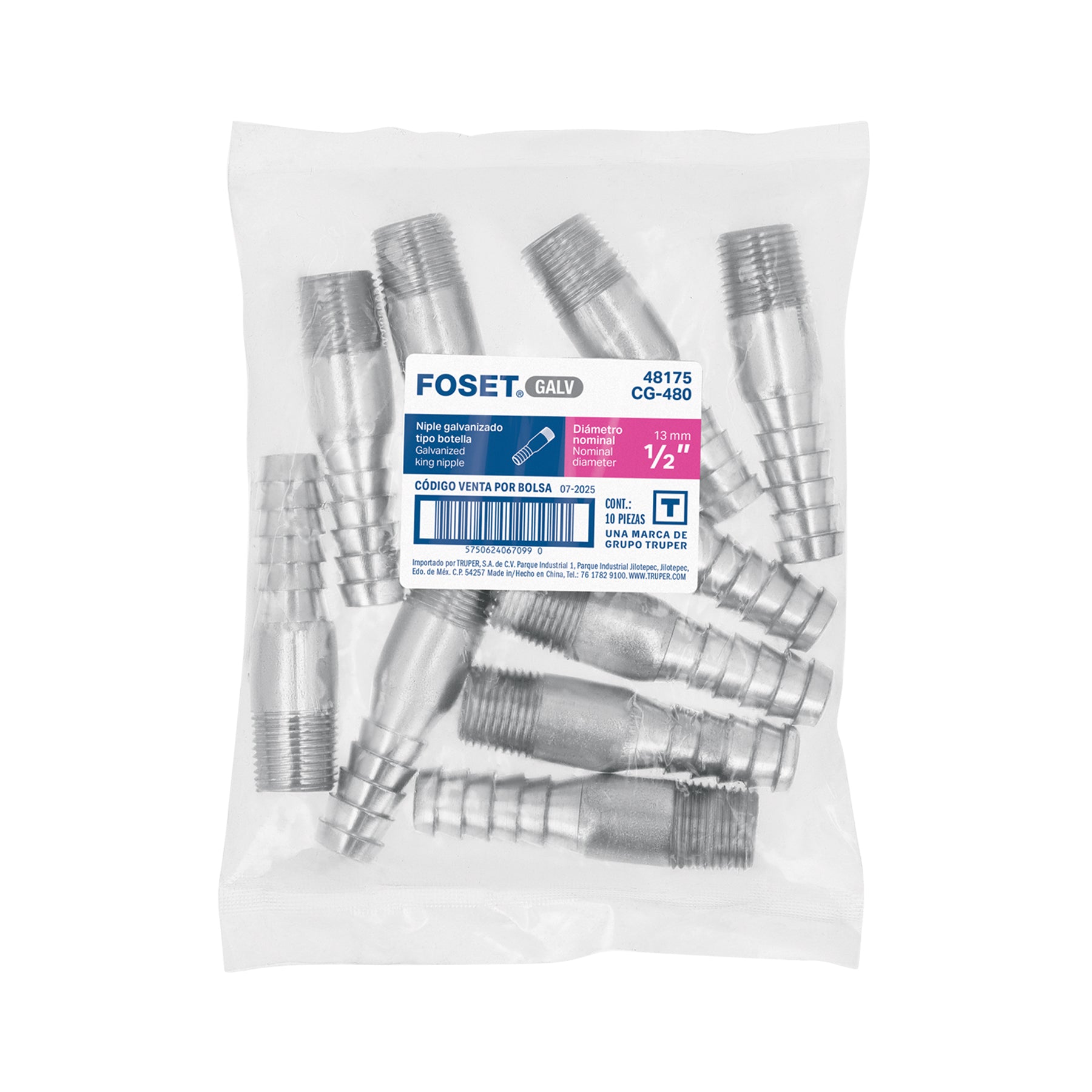 Niple de acero galvanizado 1/2" tipo botella, FOSET