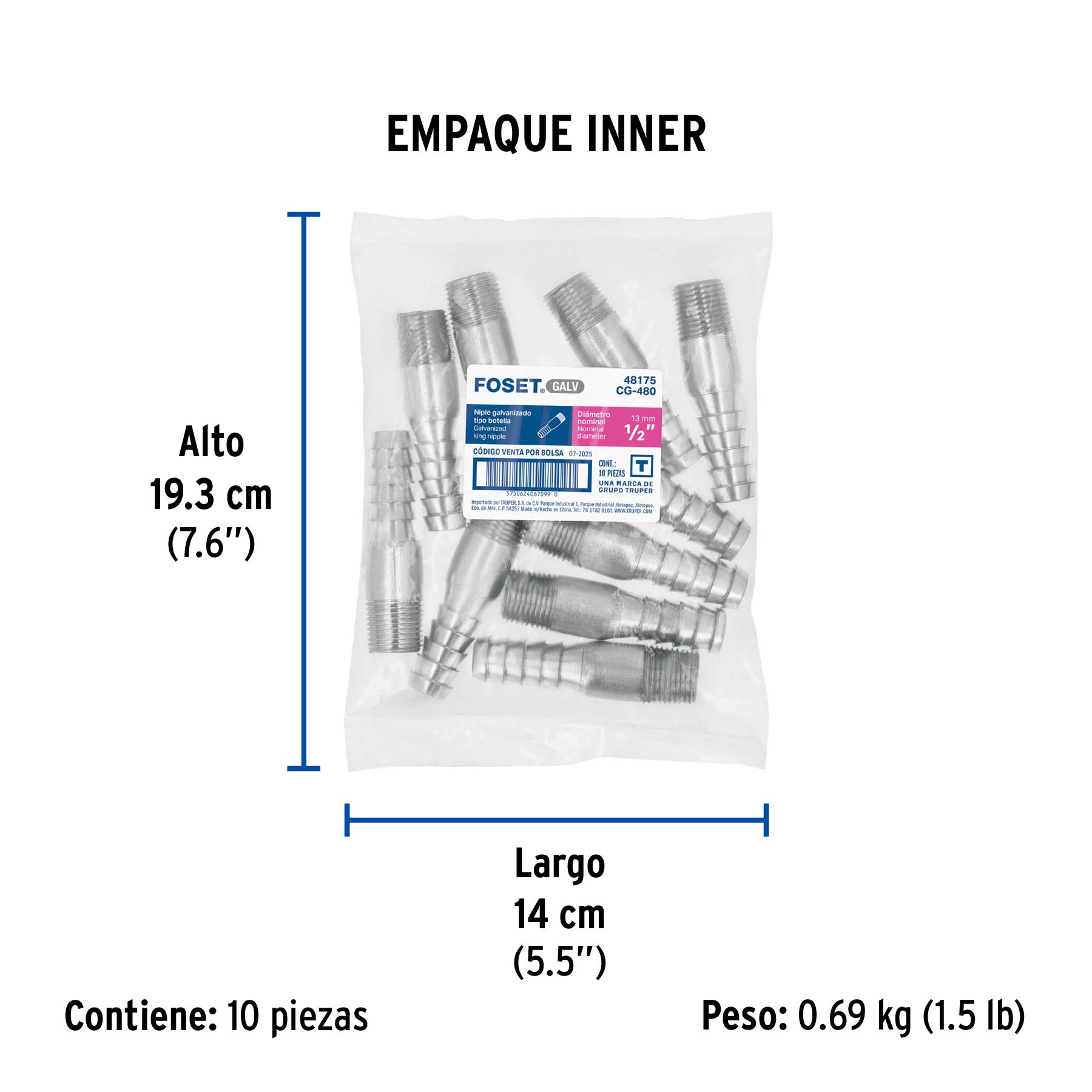 Niple de acero galvanizado 1/2" tipo botella, FOSET - Empaque
